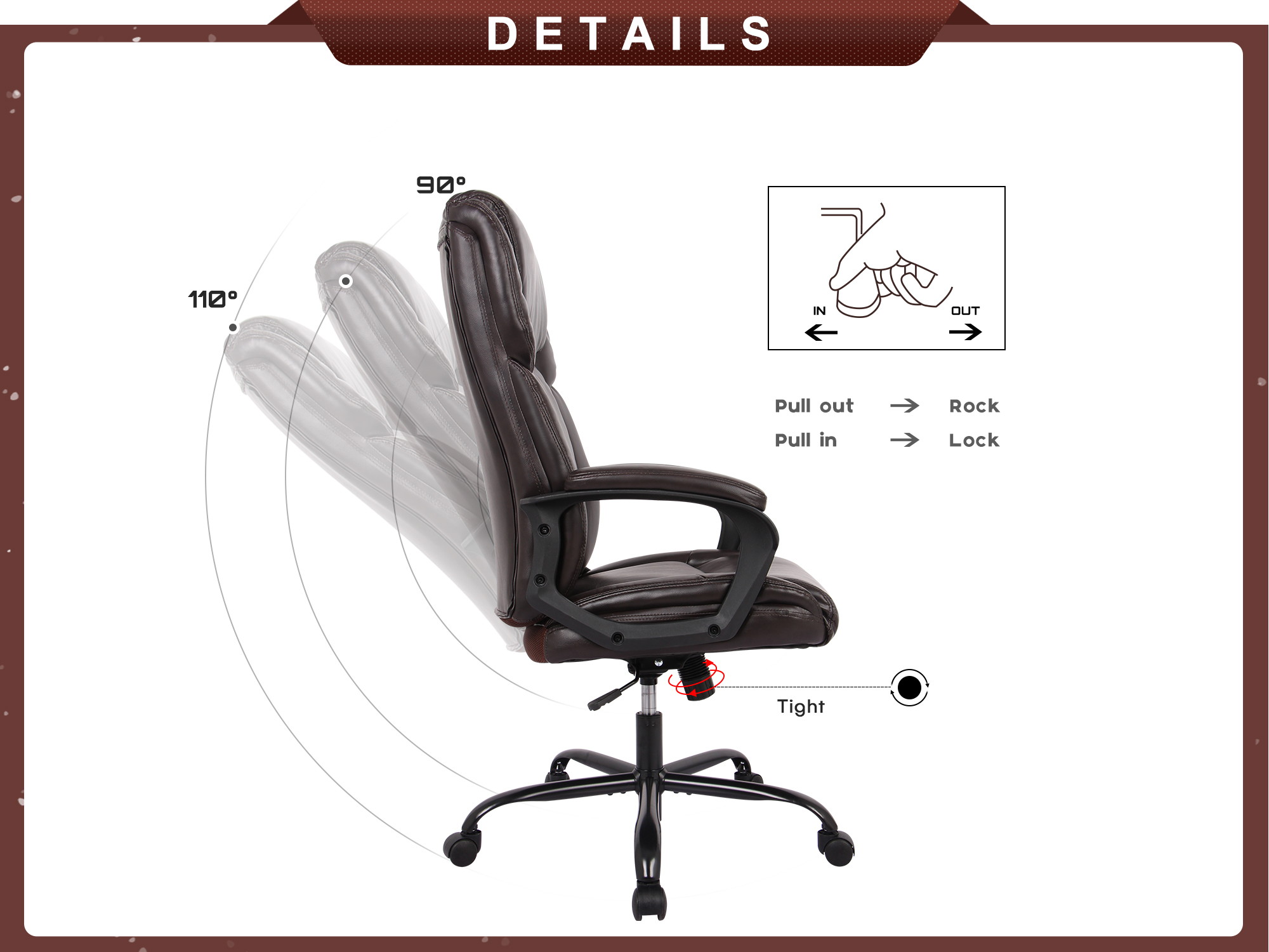 RIMIKING Office Chair - Executive Computer Task Desk Chair, PU Leather Reclining Adjustable Seat Height Swivel Ergonomic Design for Lumbar Support