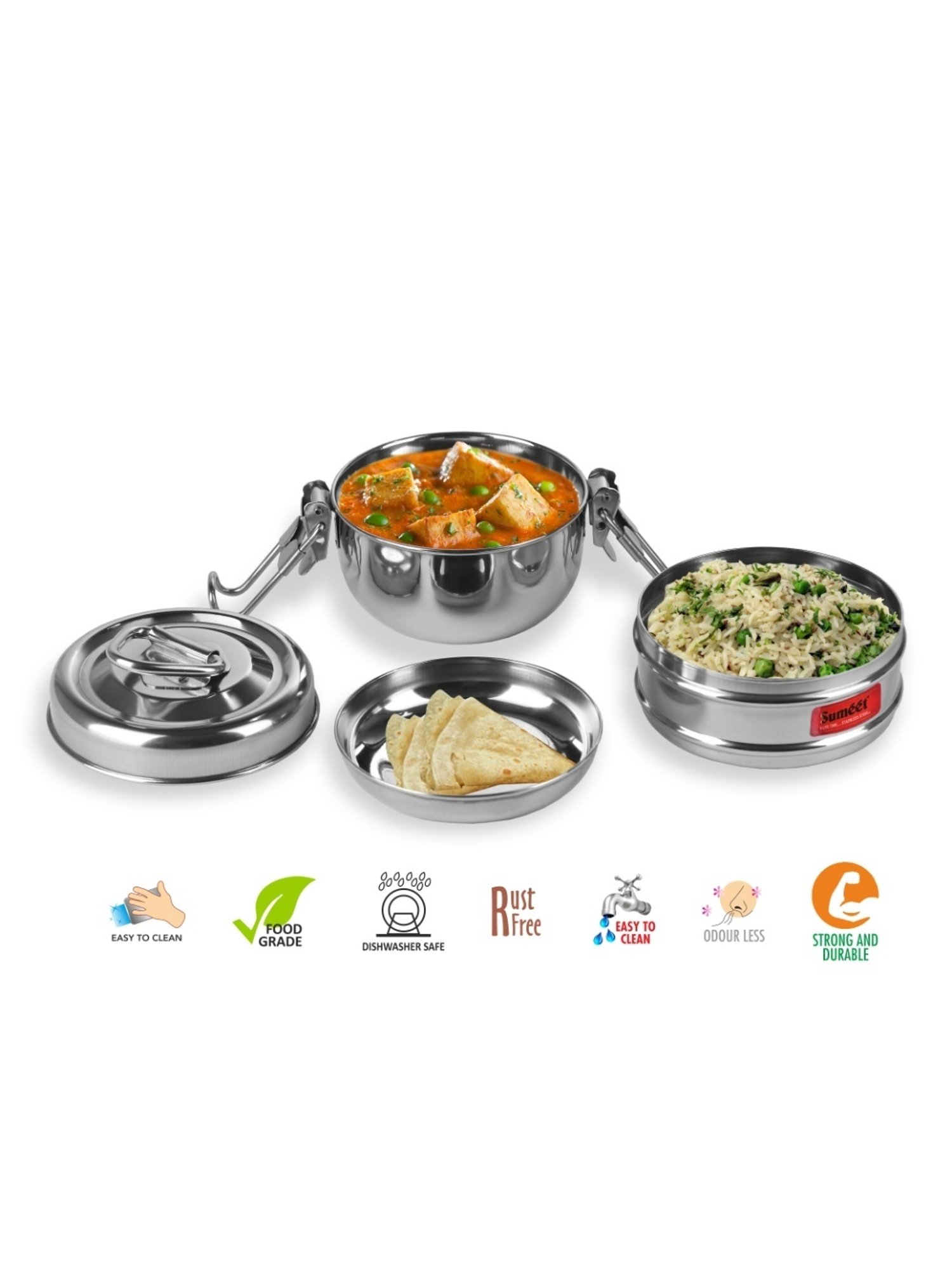 Borosil Grey Stainless Steel Lunch Box - Set of 4