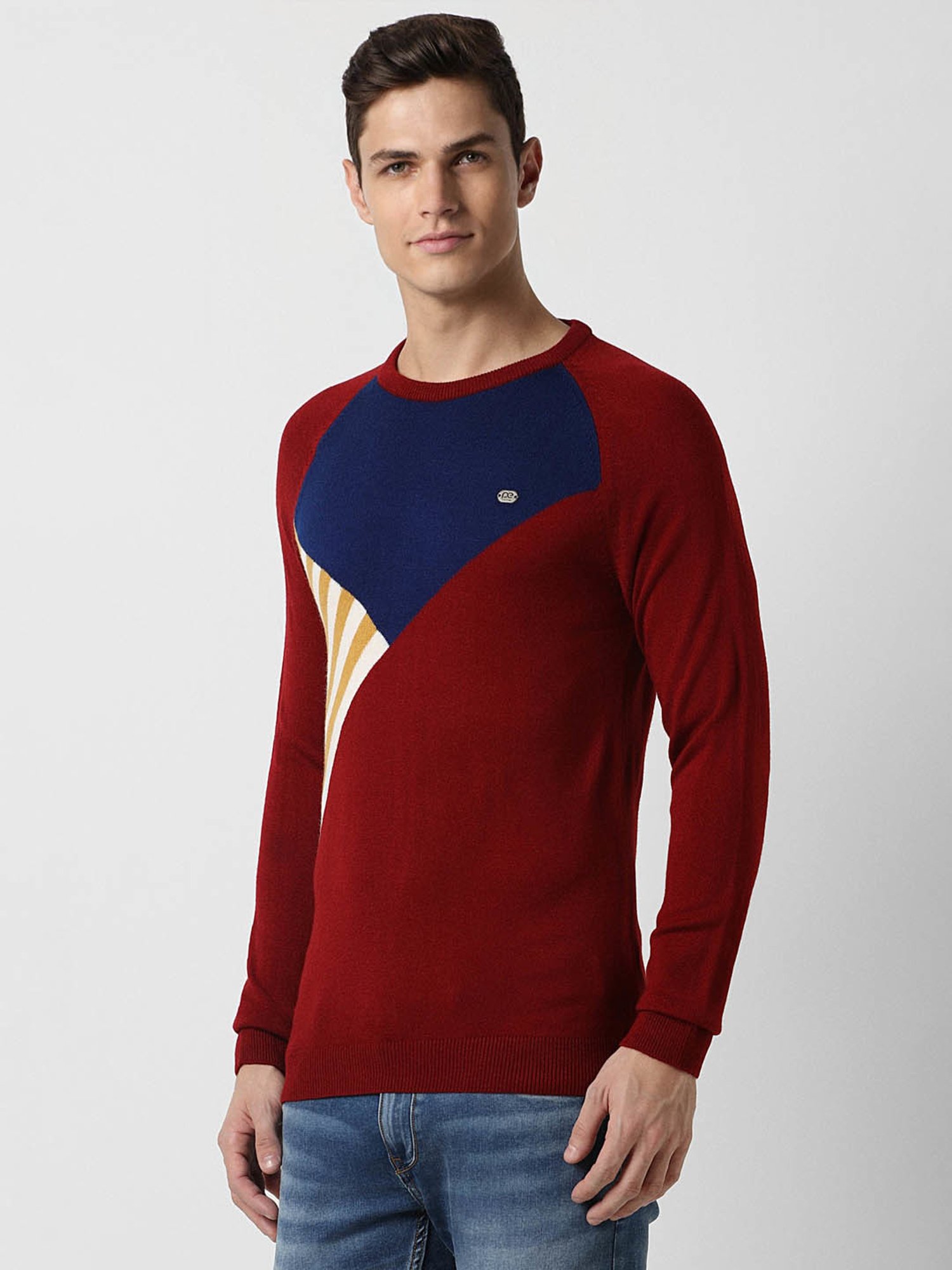 Peter England Casuals Maroon Regular Fit Colour Block Sweater