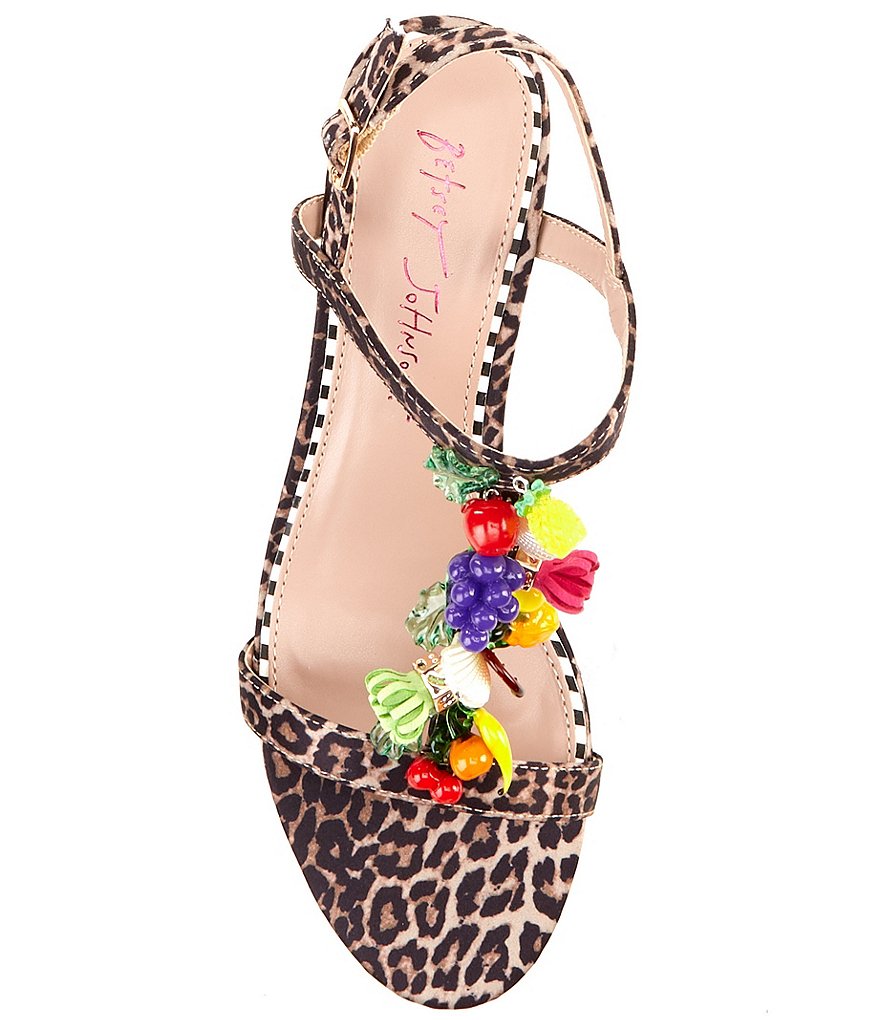 Betsey Johnson Theaa Leopard Print Fruit Embellished Sculptural Heel Sandals