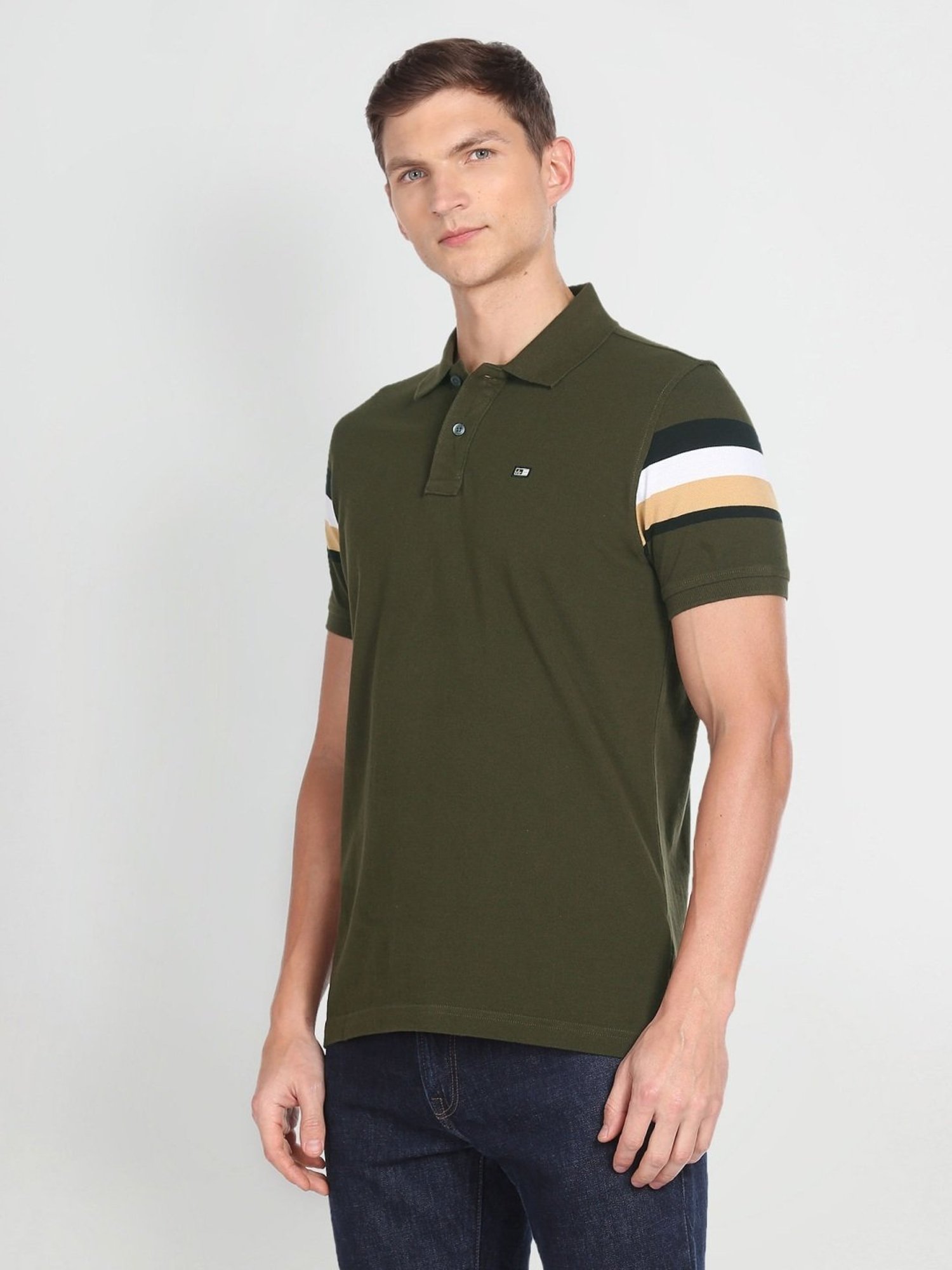 Arrow Sport Olive Cotton Regular Fit Striped Polo T-Shirt