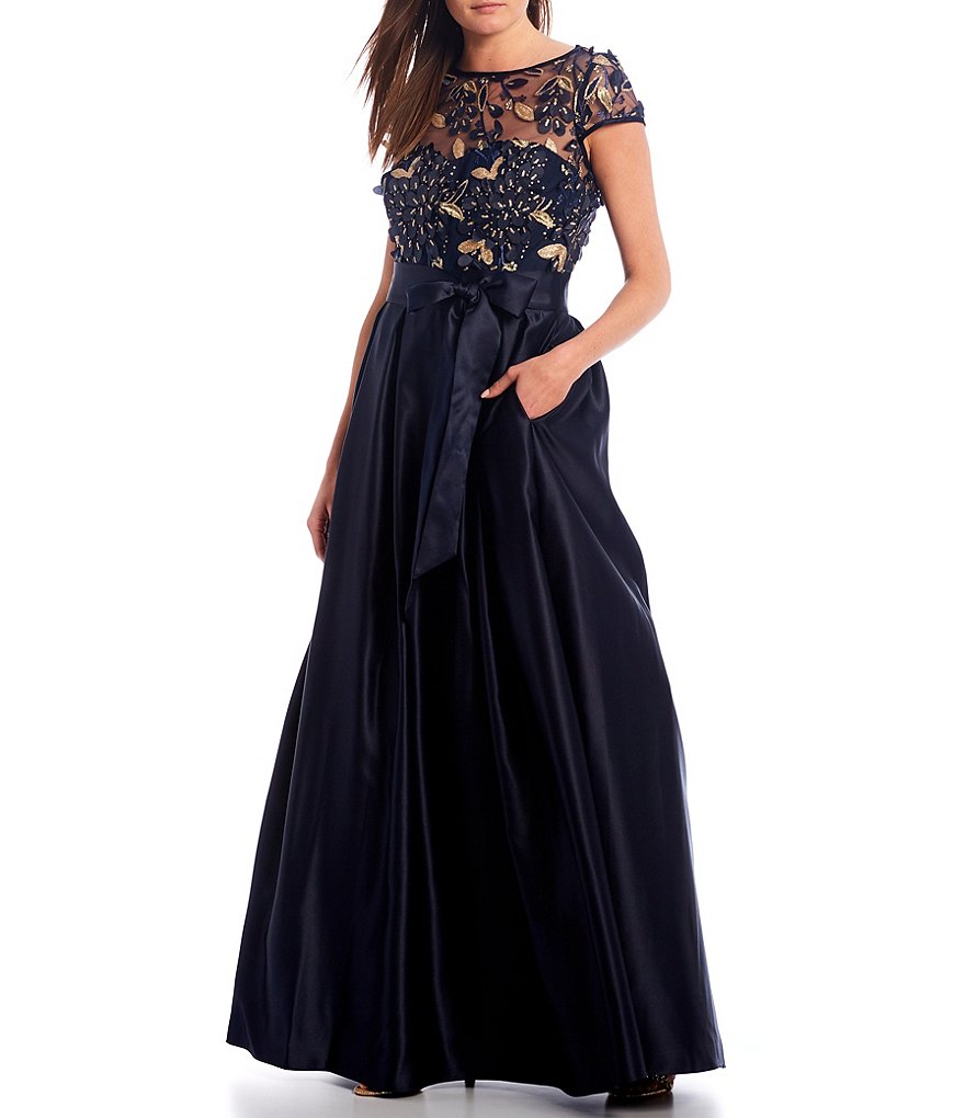 Xscape 3D Flower Bodice Illusion Mesh V-Back Satin Ball Gown