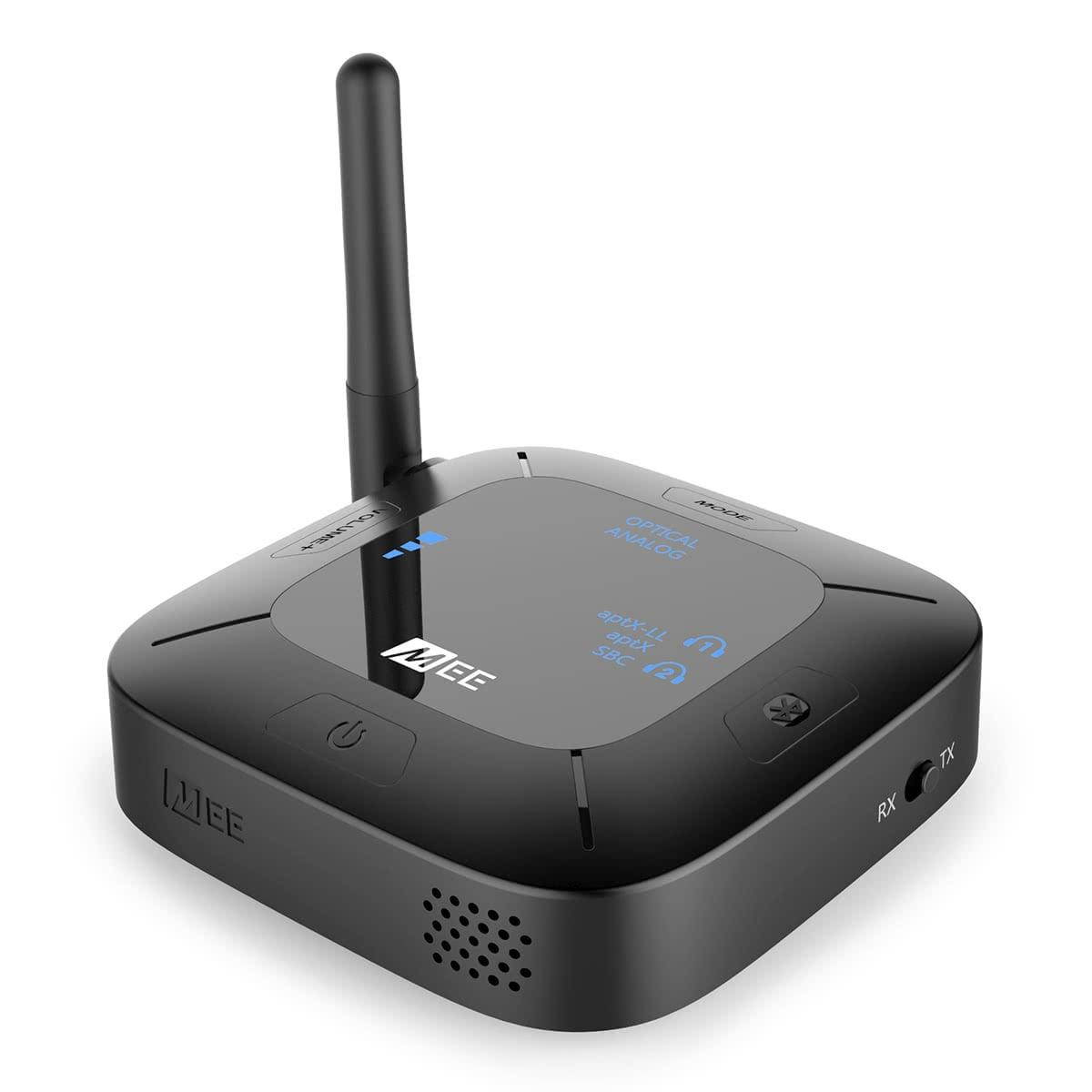 mee audio connect hub universal dual headphone and speaker bluetooth audio transmitter and receiver for tv with aptx low latency, optical and analog passthrough, extended range, and volume boost
