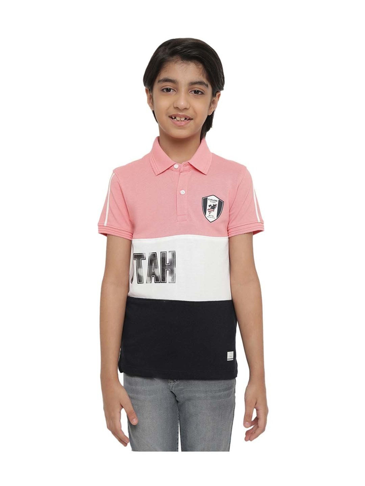 Octave Kids English Rose Pink & White Cotton Printed Polo T-Shirt