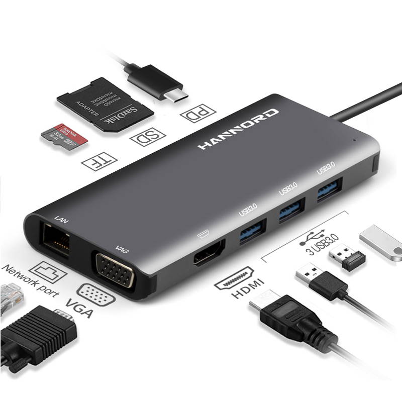 USB C Hub, Hannord 9-in-1 USB C Hub Adapter, with 4K HDMI, USB-C 100W Power Delivery, Ethernet Port, 1080P VGA, 3 USB-A 3.0 5Gbps Data Port, microSD SD Card Reader for MacBook Air, MacBook Pro, XPS