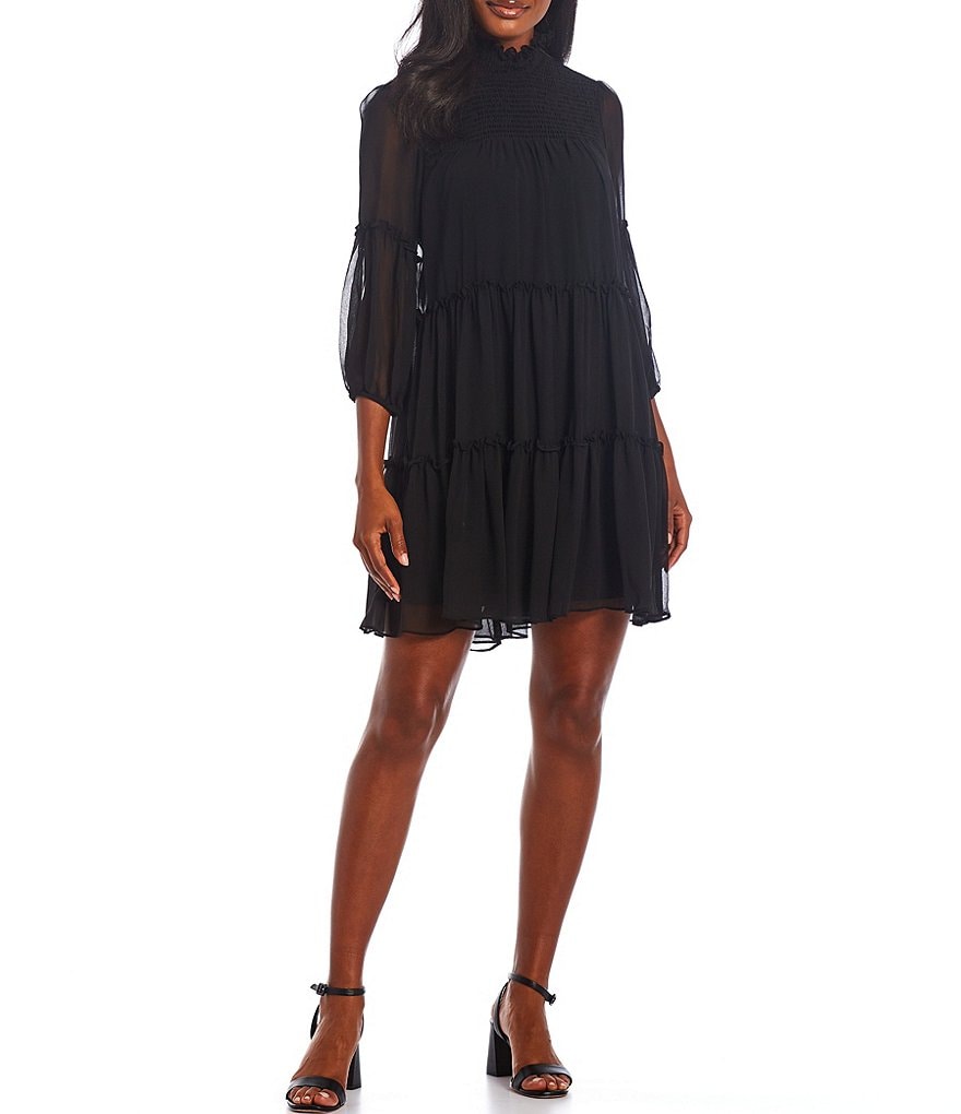 Maison Tara Smocked High Neck 3/4 Sleeve Silky Chiffon Tiered Trapeze Dress