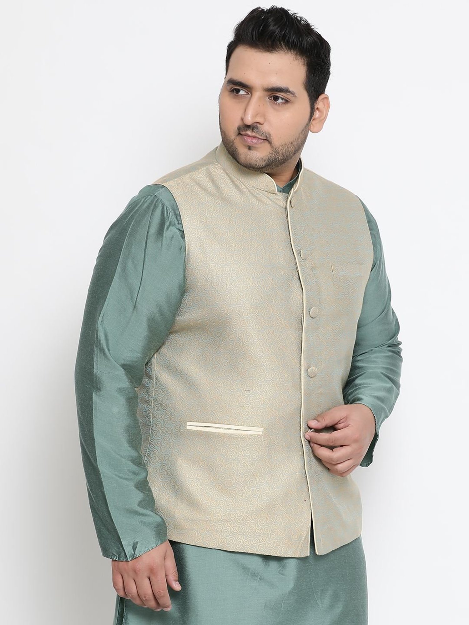 KISAH PLUS Sage Green Regular Fit Jacquard Nehru Jacket