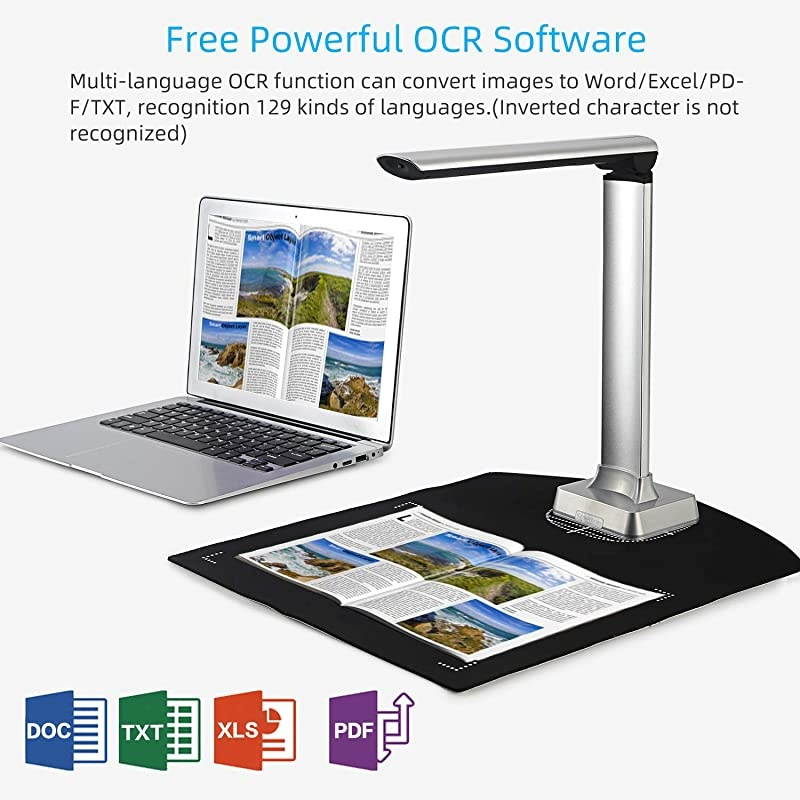 Book Document Scanner Camera, Portable Automatic Scanning Auto Focus 12MP High Definition Camera Capture A4 Size,Multi-Language OCR Convert Images to Word/Excel/PDF/TXT,Powerful Software