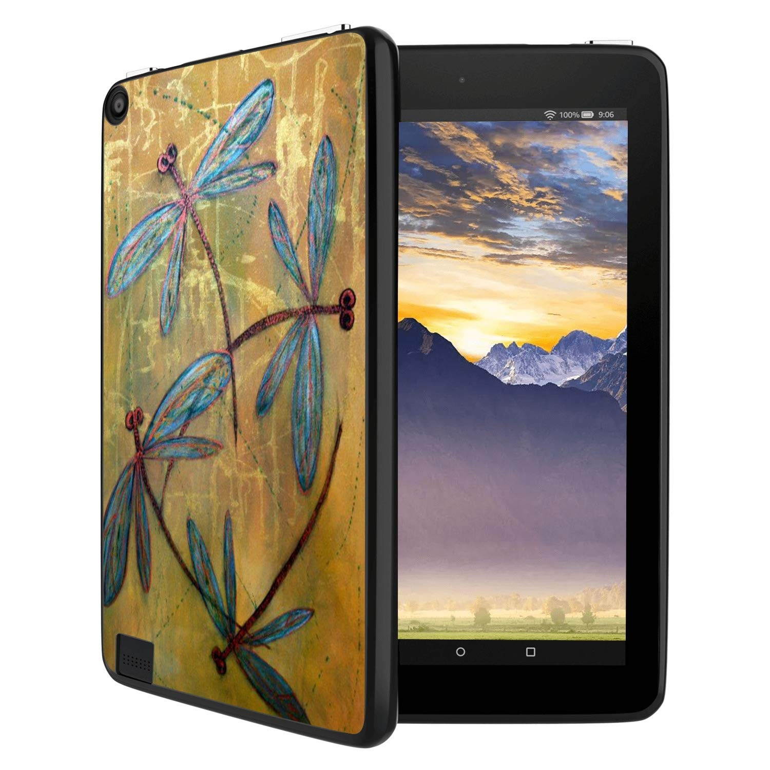 Feloowse Kindle Fire 8 Case, Personalized Design Dragonfly Pattern, UV Printed Flexible Protective Cover for Kindle Fire 8-Black