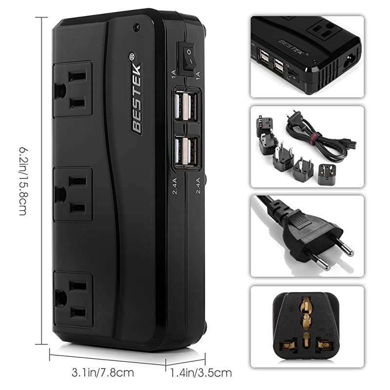 200W Power Converter 3Outlet and 4Port USB Travel Voltage Transformer 220V to 110V with Type GDMAUUS Travel Plug Adapters