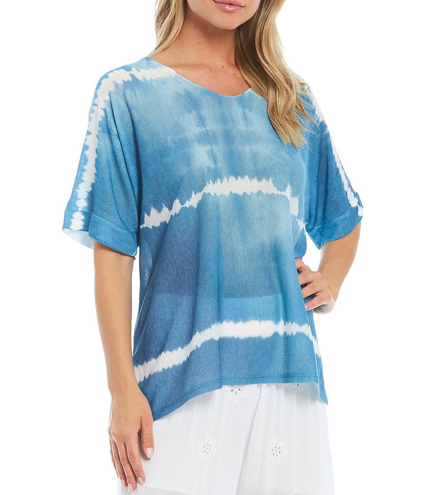 M Made In Italy V-Neck Short Sleeve Knit Tie-Dye Tunic