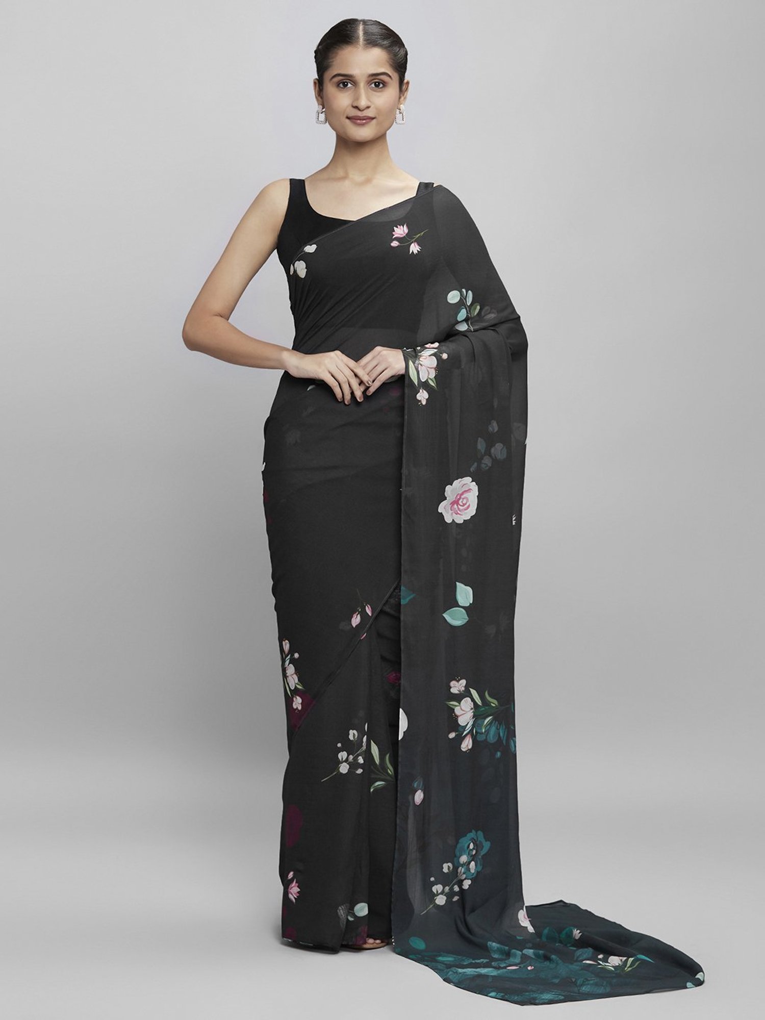 navyasa by liva Black Floral Print Saree With Unstitched Blouse