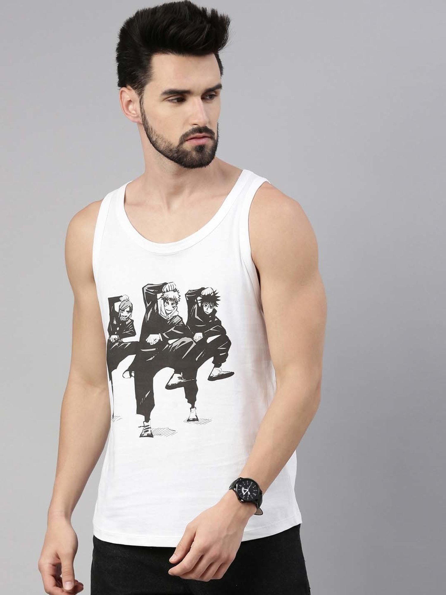 Bushirt Anime White Printed Cotton Vest