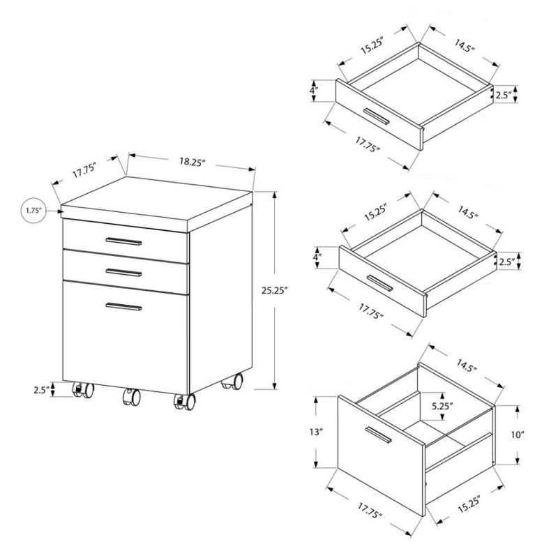 Monarch Home Office Furniture Small Rolling 3 Drawer Wood Filing Storage Cabinet