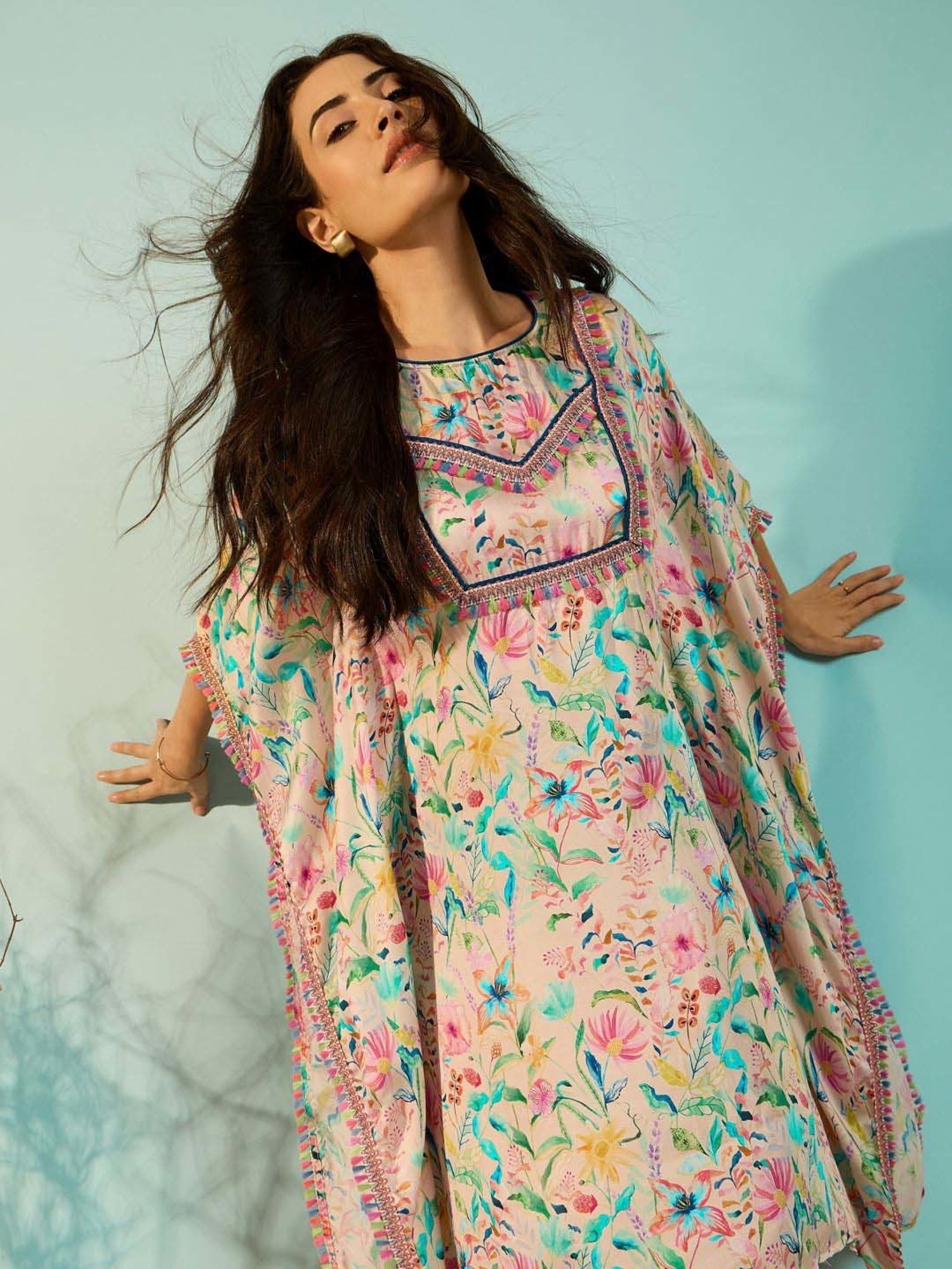 The Kaftan Company Peach Floral Print Kaftan