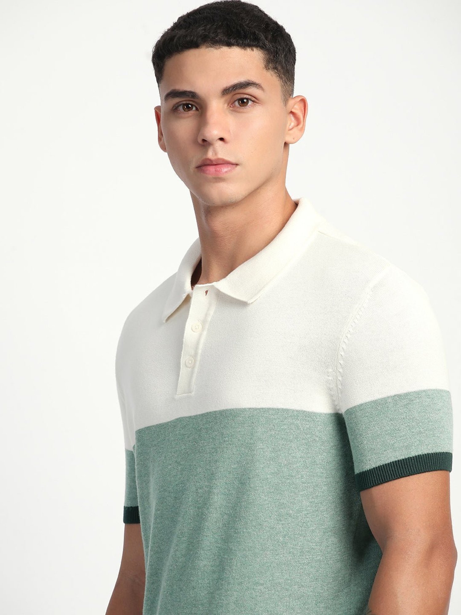 The Bear House Green Regular Fit Colour Block Polo T-Shirt