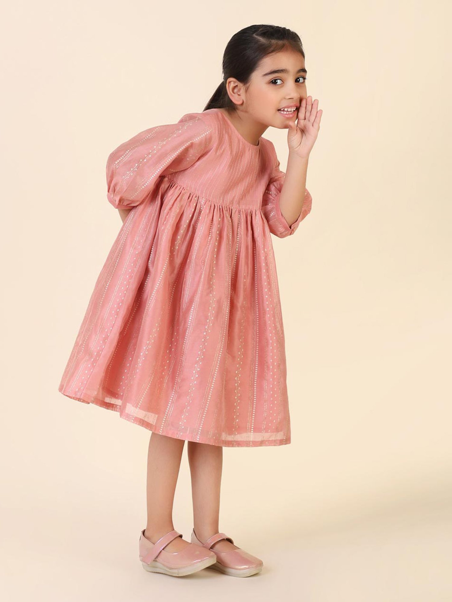 Fabindia Kids Peach Printed Dress