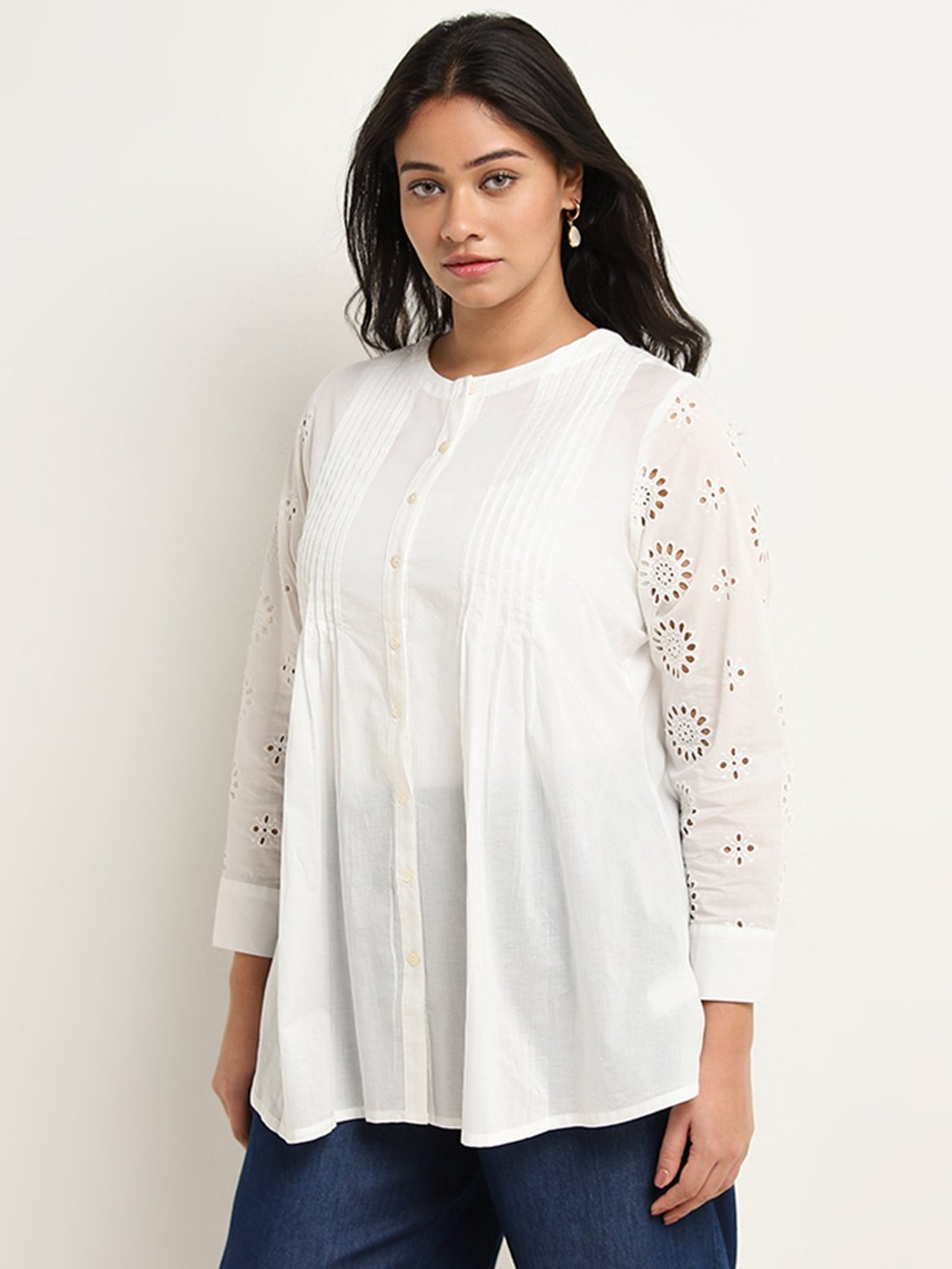 Diza by Westside White Pintuck Detailed Straight Cotton Kurti