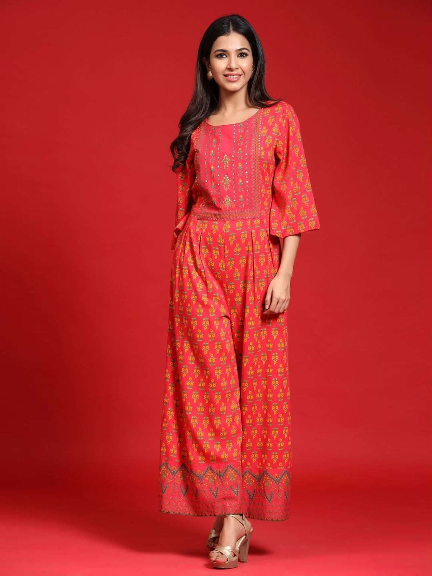 Juniper Coral Ethnic Motif Printed Rayon Flared Jumpsuit