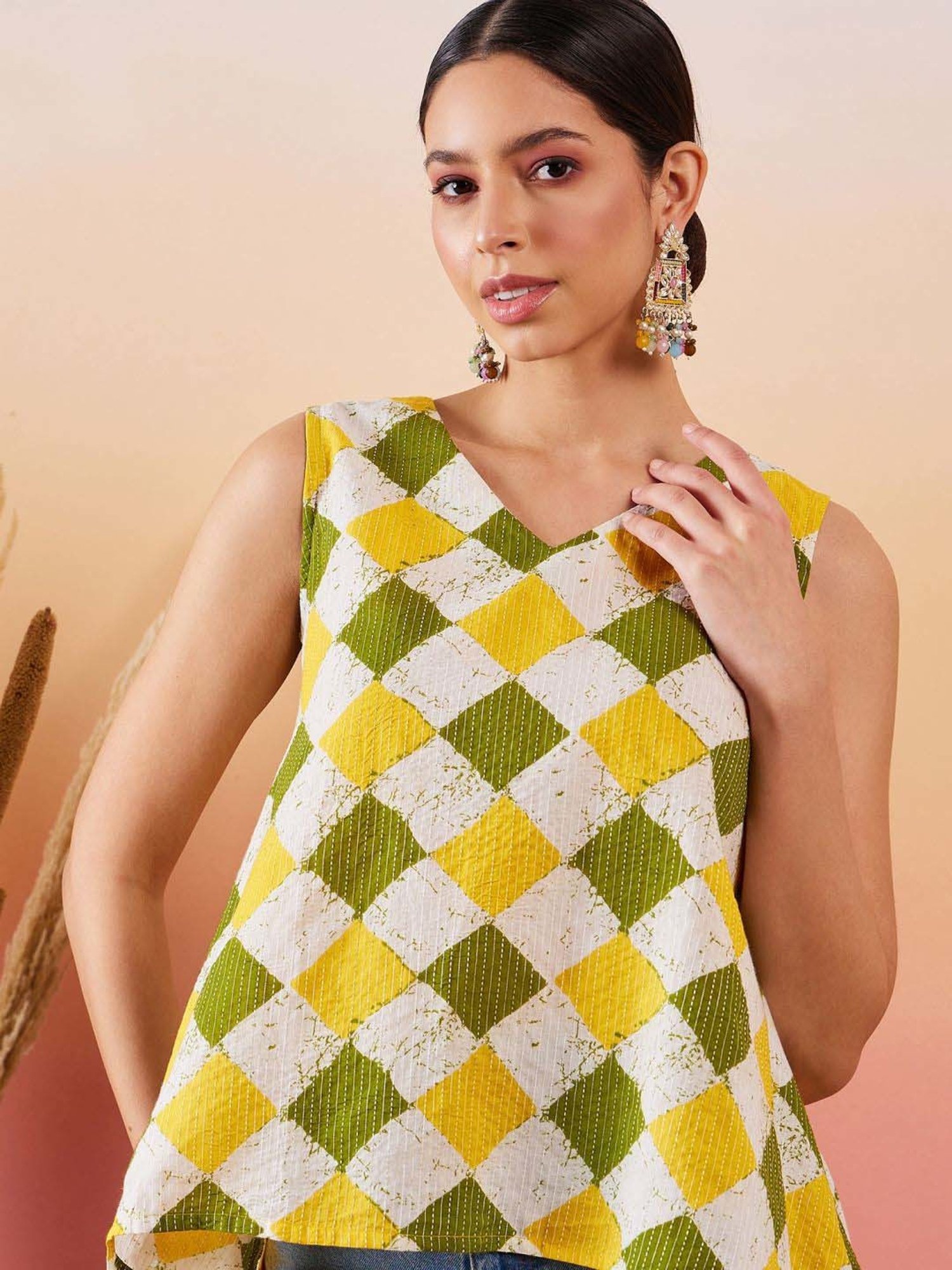 Inweave Yellow & Green Cotton Chequered Top