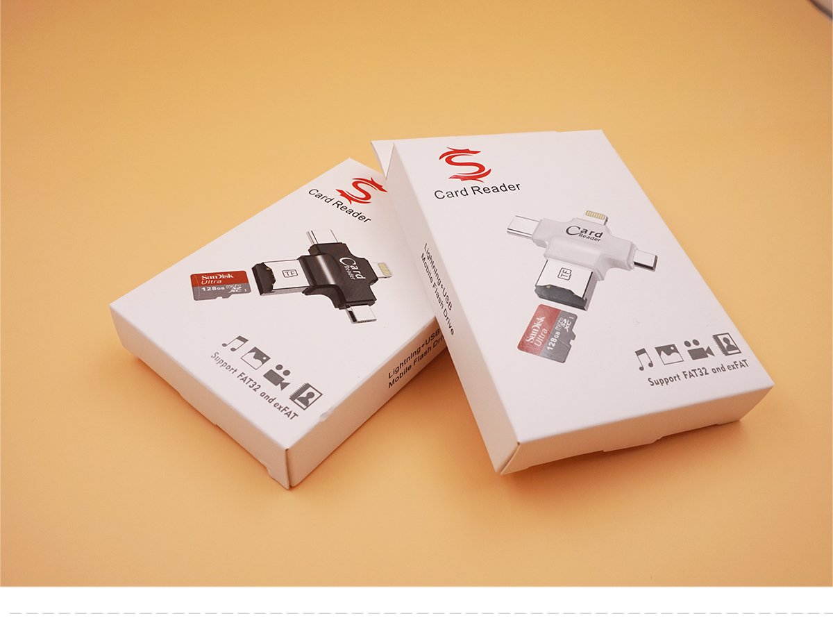 Micro SD Card Reader Caithly 4 in 1 Card Reader with Type-C USB Connector OTG HUB Adapter, TF Flash Memory Card Readers for iPhone iOS/Android Micro USB/Type-C Port Phones/Mac/PC (Black)