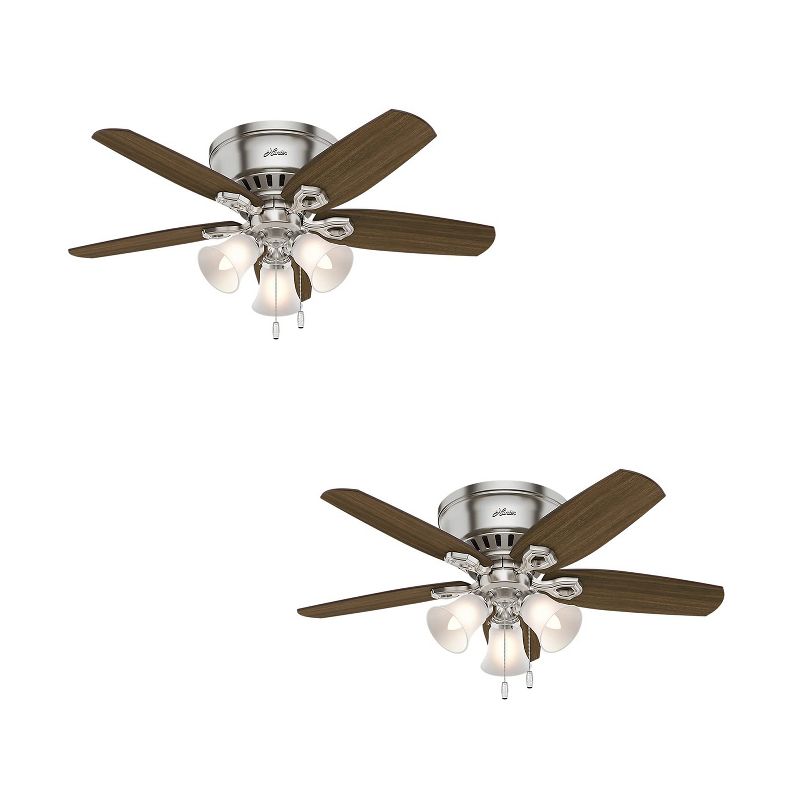 Hunter Fan Company Newsome Low Profile 42 Inch Ultra Quiet Ceiling Fan w/ 3 Energy Efficient LED Lights & Pull Chain Control, Brushed Nickel (2 Pack)