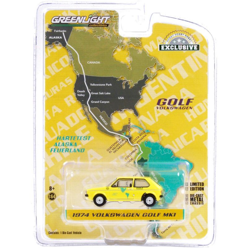 1974 Volkswagen Golf Mk1 Yellow "Hartetest Alaska-Feuerland" Car #1 "Hobby Exclusive" 1/64 Diecast Model Car by Greenlight