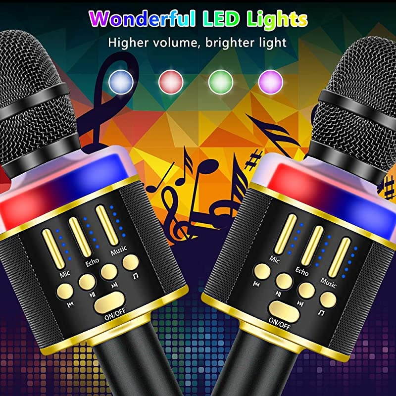 Karaoke Microphone for Kids & Adult, Handheld Wireless Bluetooth Karaoke Mic Speaker Music Player Recorder with LED Lights for Birthday Party, Wedding, Christmas