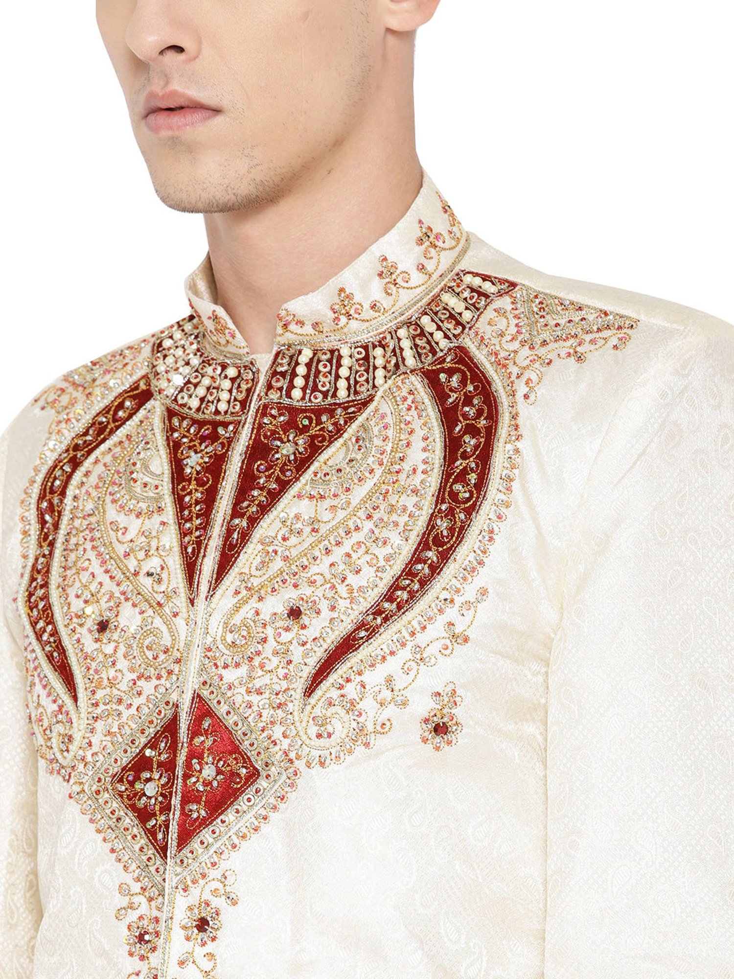 SG LEMAN Cream Regular Fit Embellished Sherwani Set