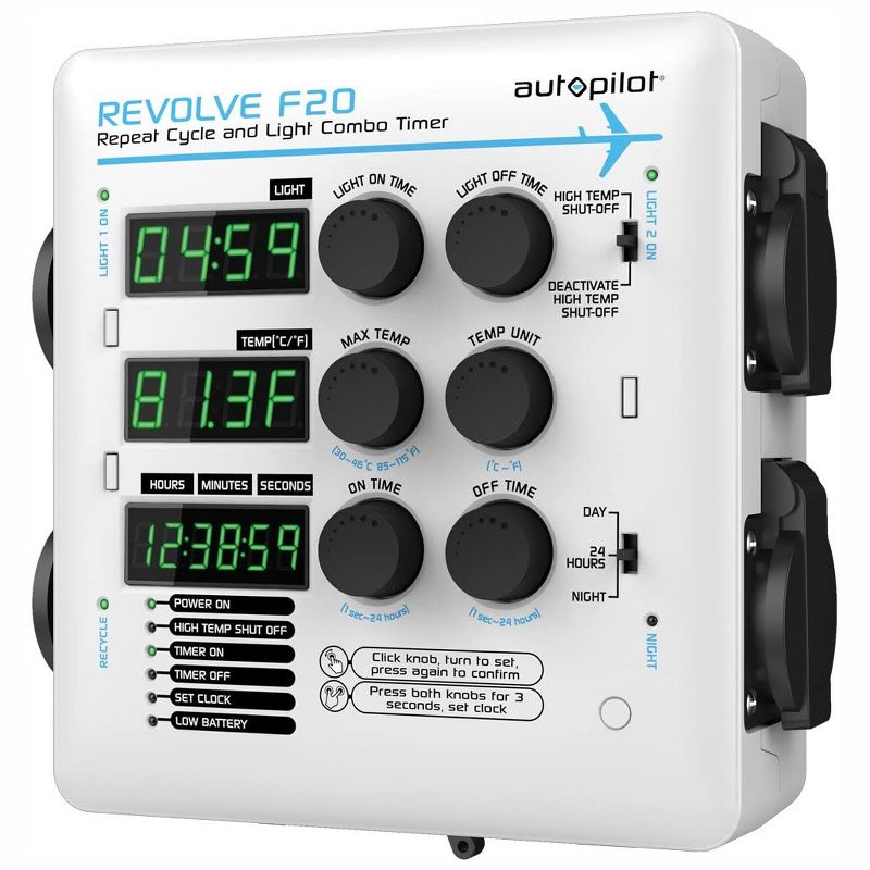 AutoPilot APE2200 Revolve F20 Digital Repeat Cycle and Grow Light Combo Timer for Hydroponics Grow Room, Greenhouse, and Aquaponics, White