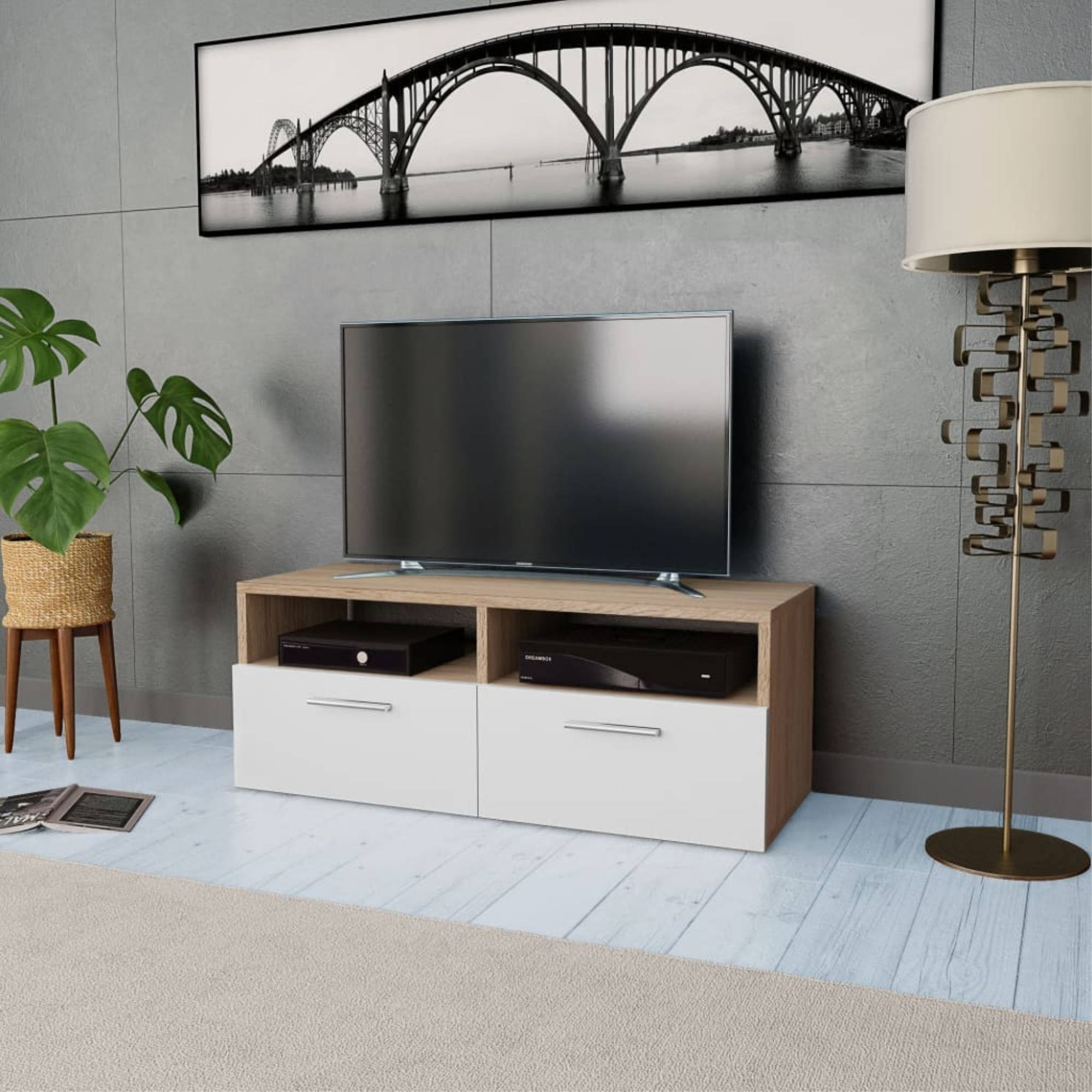 vidaXL TV Cabinet Chipboard Color Oak and White Lowboard Sideboard Storage