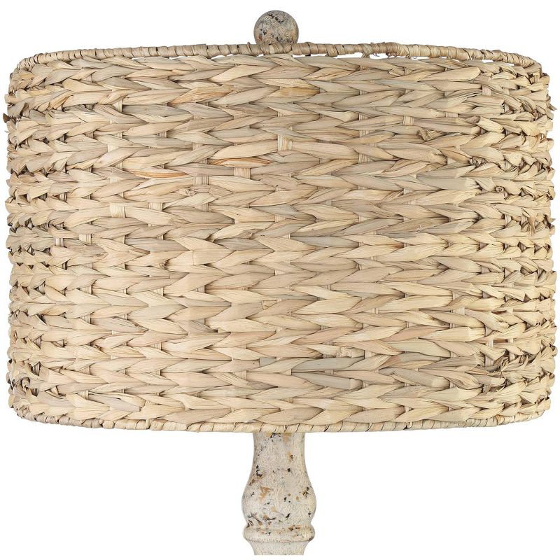 John Timberland Country Cottage Table Lamp Distressed Antique White Candlestick Rattan Drum Shade for Living Room Bedroom Bedside