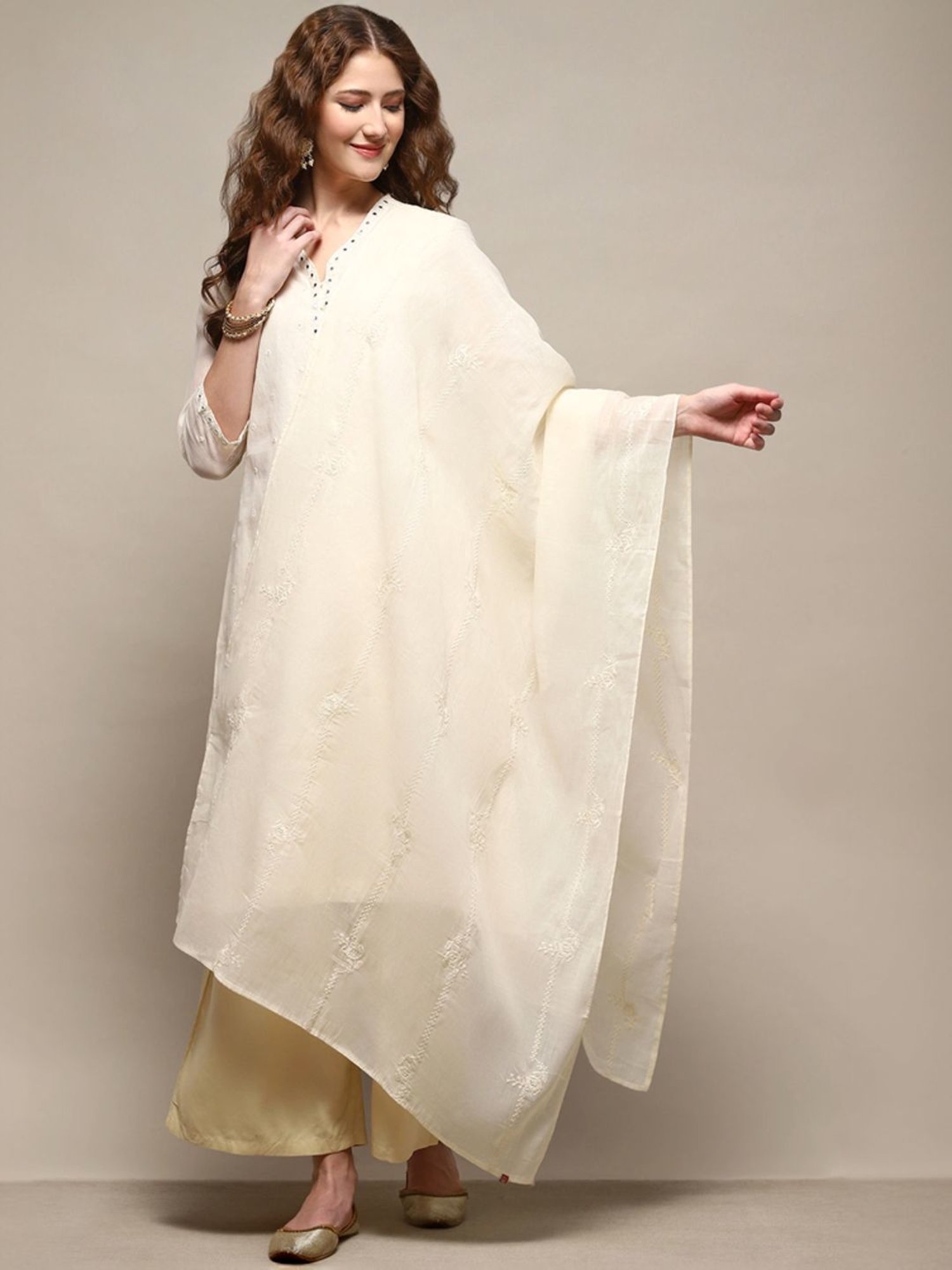 Biba White Cotton Embroidered Dupatta