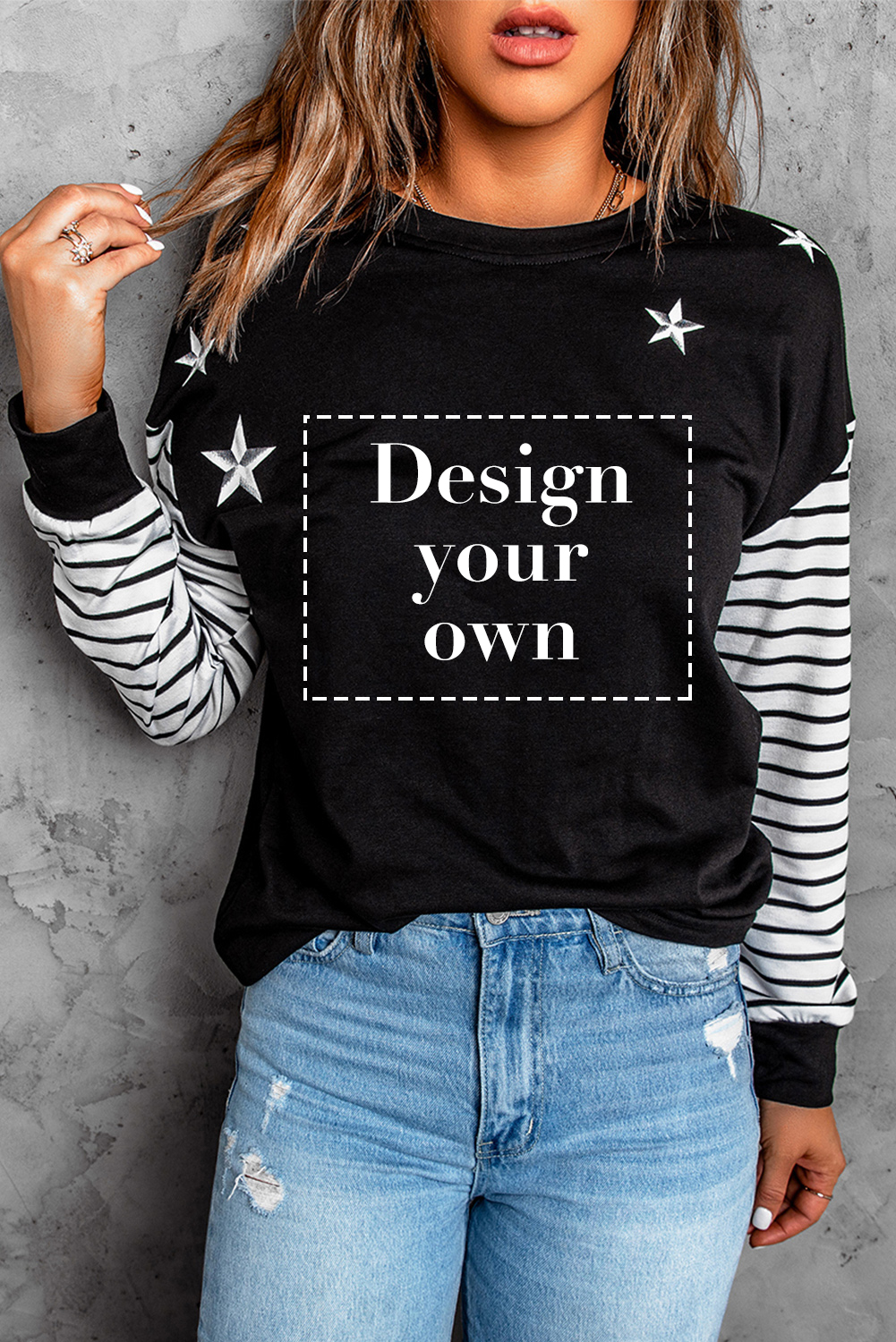 Blank Sweatshirt - Black Striped and Stars Print Long Sleeve T-Shirt Customized