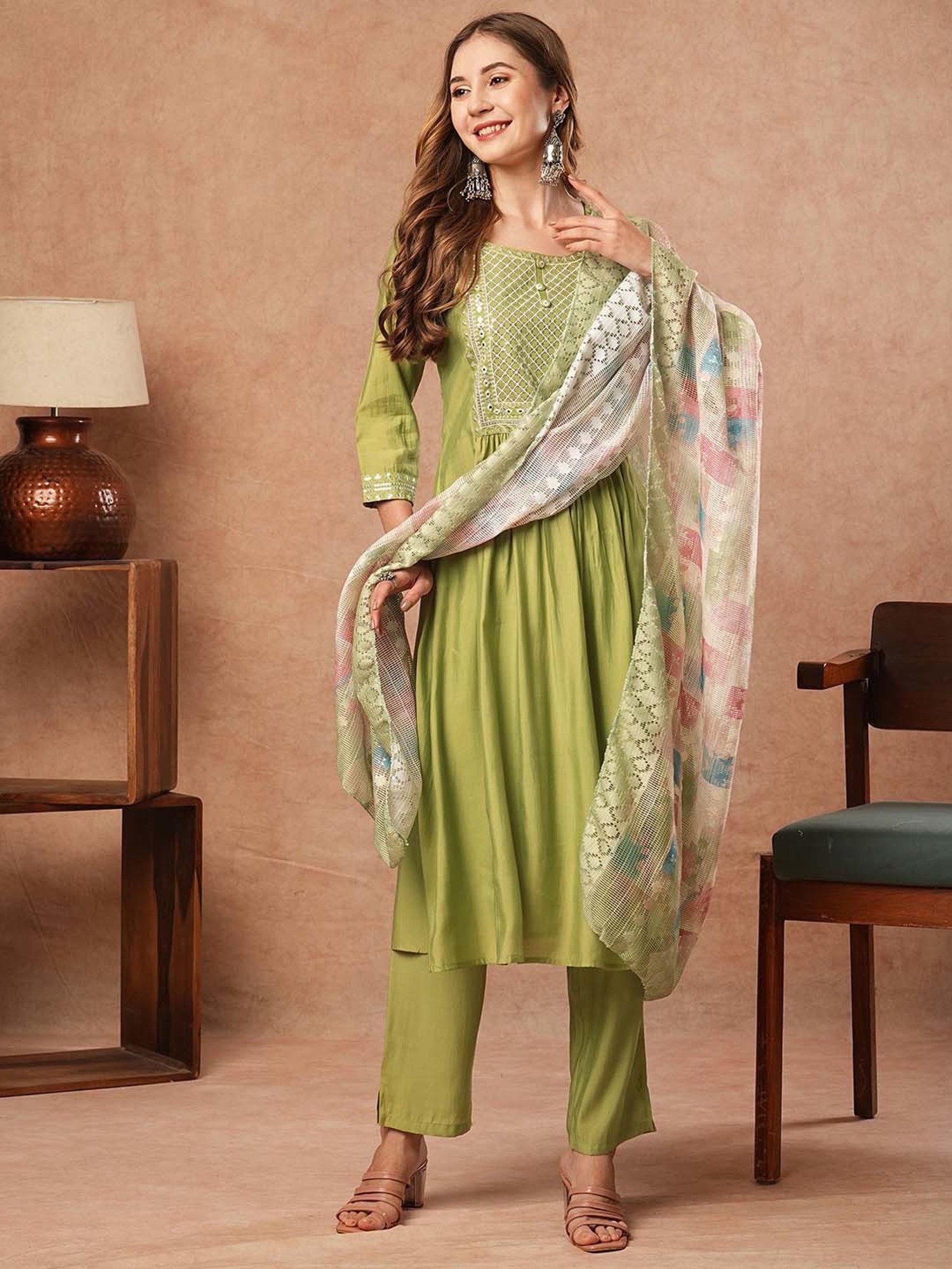 Fashor Green Plain Kurta & Pants Set with Dupatta