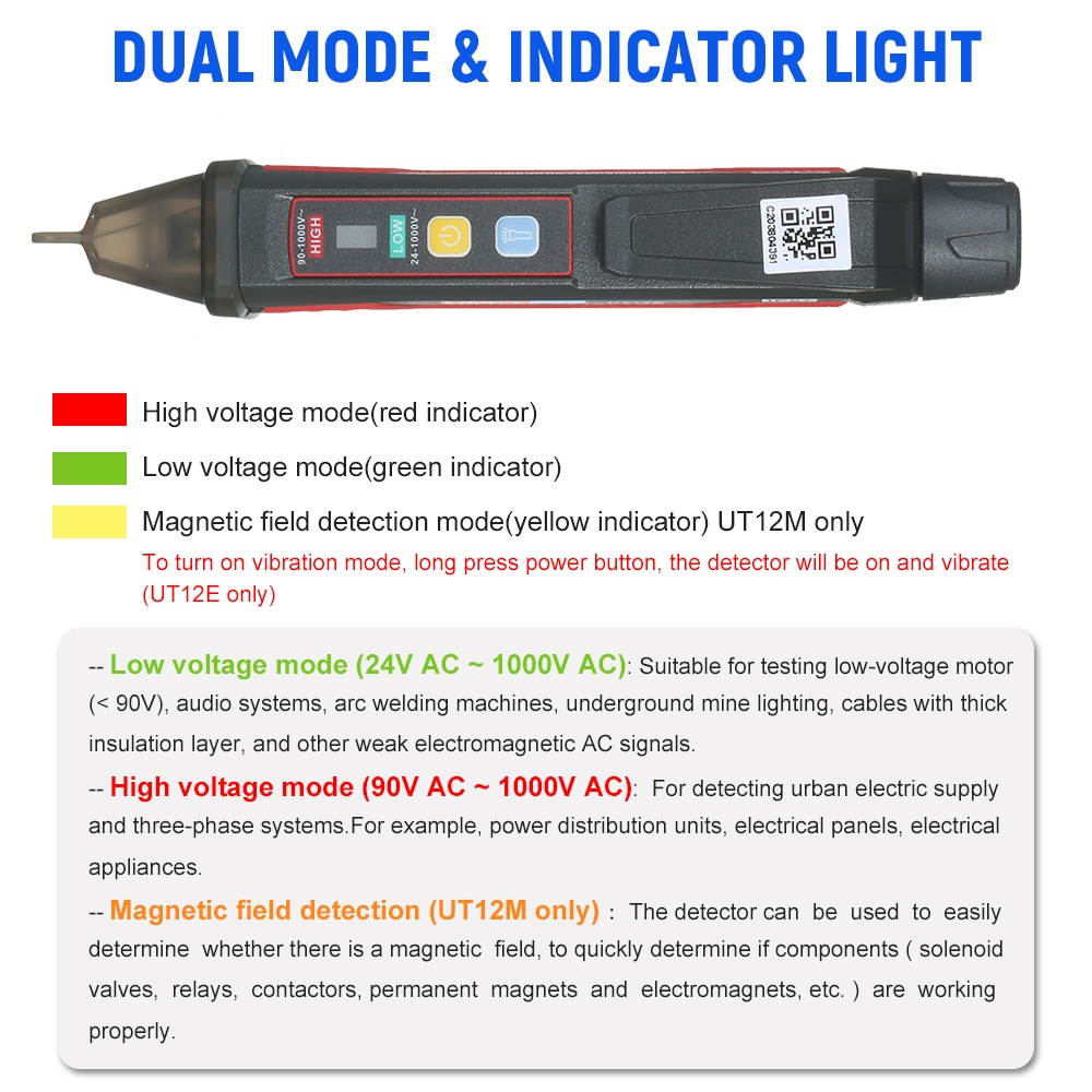 UNI-T UT12E AC Voltage Detector Meter 24V-1000V Non-Contact Portable Tester Pen Socket Volt Current Electric Test Pencil with Sound and Light Alarm and LED Flashlight Vibration