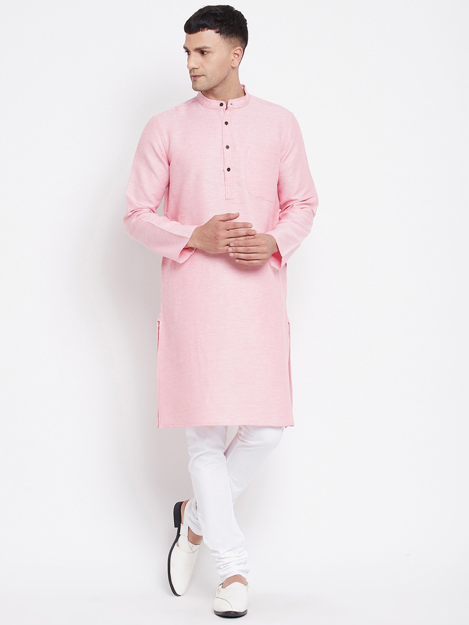 Even Pink Self Design Mandarin Collar Kurta
