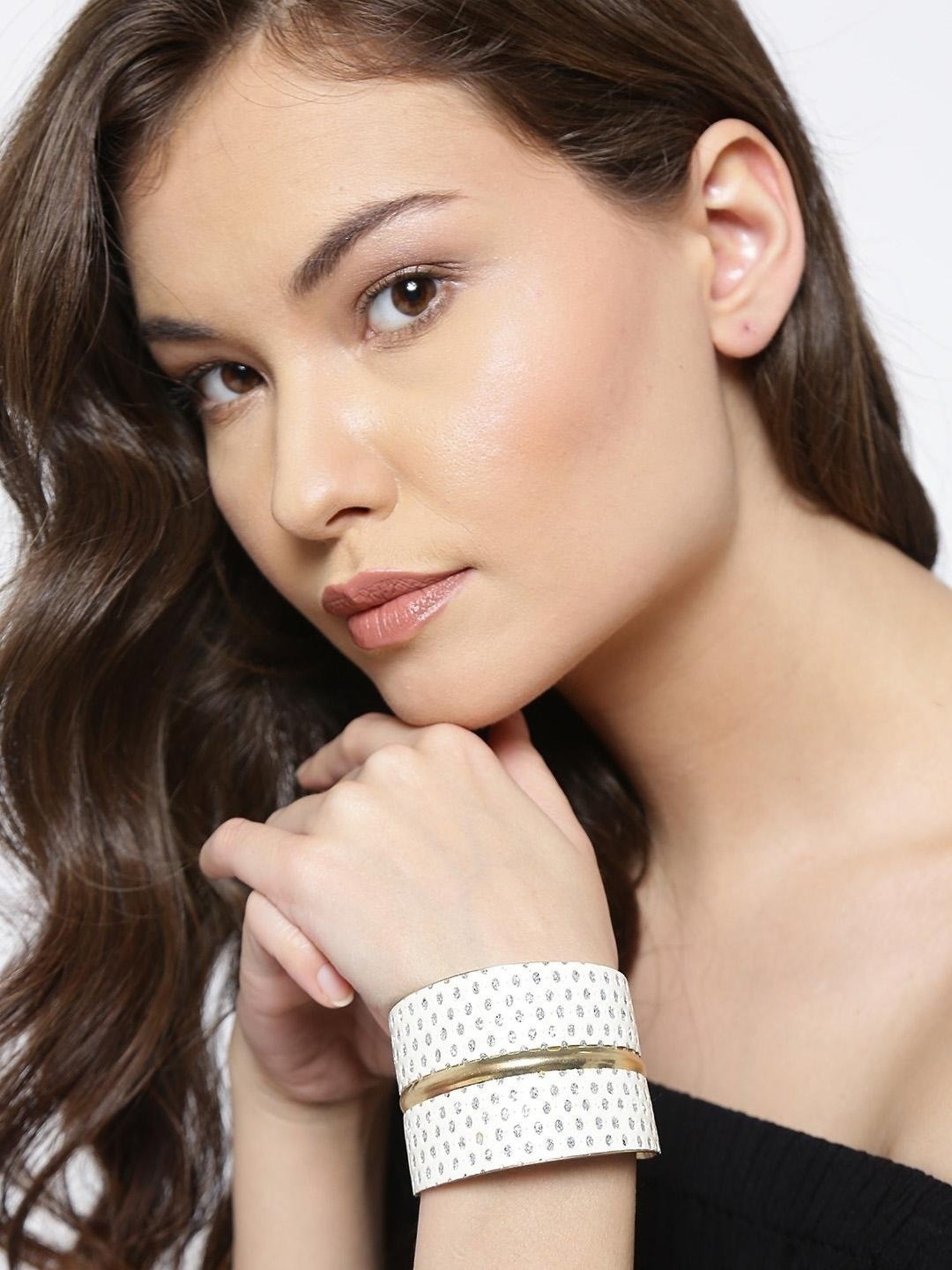 YouBella Gold-Toned White Stone-Studded Cuff Bracelet