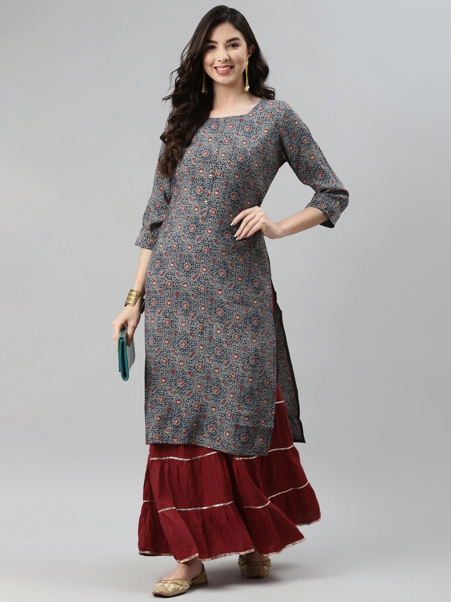 Aarika Blue Cotton Printed Straight Kurta