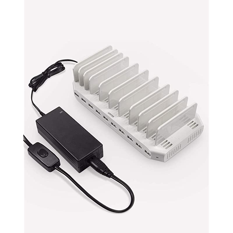 Multi Charging Station 10Port USB Charger for Multiple Device with SmartIC Tech and Adjustable Dividers Organizer Stand Compatible with iPad Tablet Kindle iPhone
