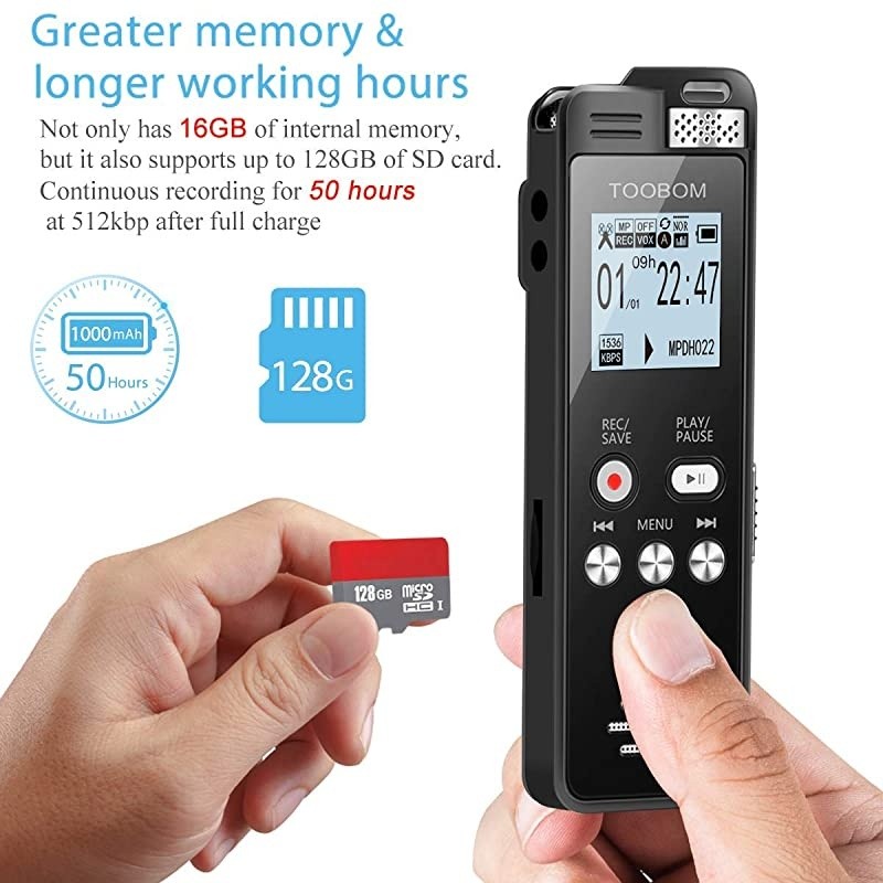 16GB Voice Recorder  1536kbps Digital Voice Activated Recorder with Playback 2020 Upgraded Sound Audio Recorder Line in for LecturesMeetingsInterviewsPasswordSupports128GB TF Card Dark