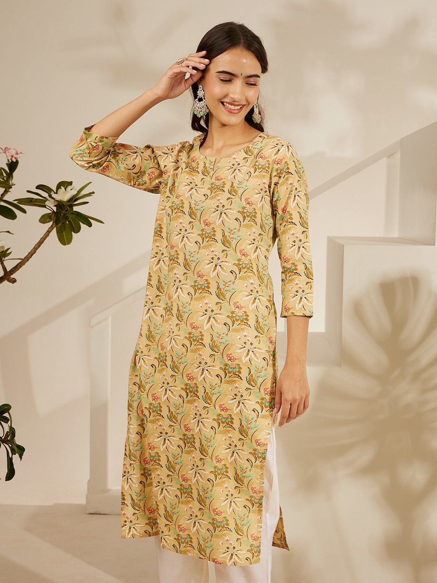 Daali Beige Cambric Basics Round Neck 3/4 Sleeves Kurta with Two Pockets