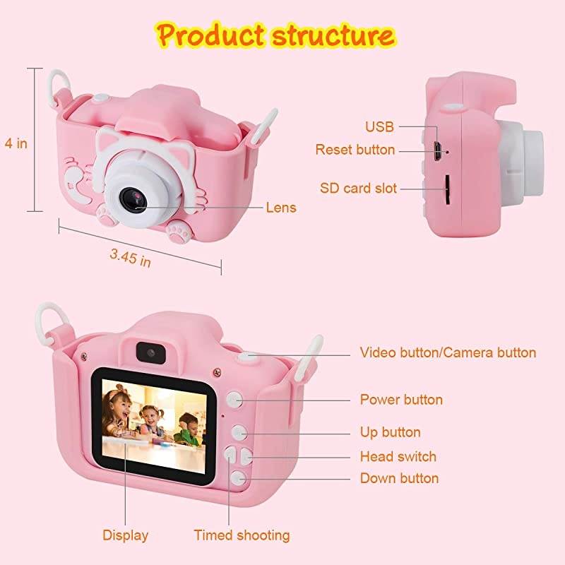 Kids Camera for Girls,  Digital Dual Camera, 2" IPS Screen HD 1080P Shockproof Children Video Camera Camcorder for Age 3-14 Years Old Girls Boys Christmas Birthday Party, Pink