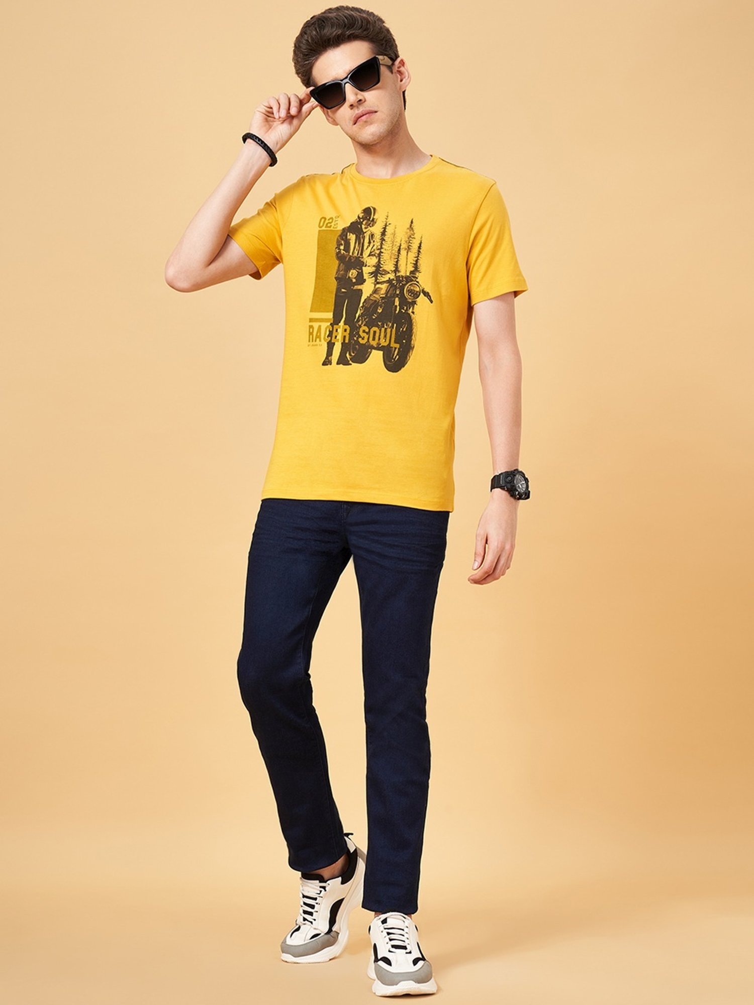 Sf Jeans By Pantaloons Mustard Slim Fit Printed T-Shirt