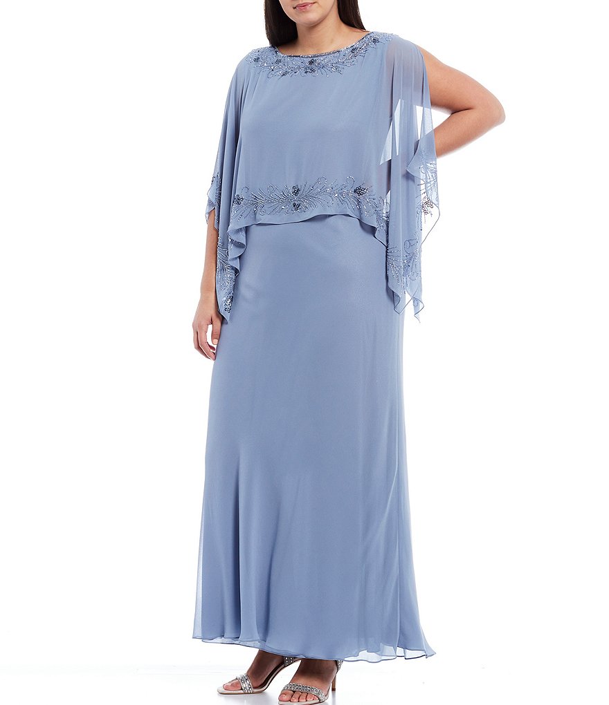 Jkara Plus Size Round Neck 3/4 Sleeve Beaded Trim Popover Chiffon Gown