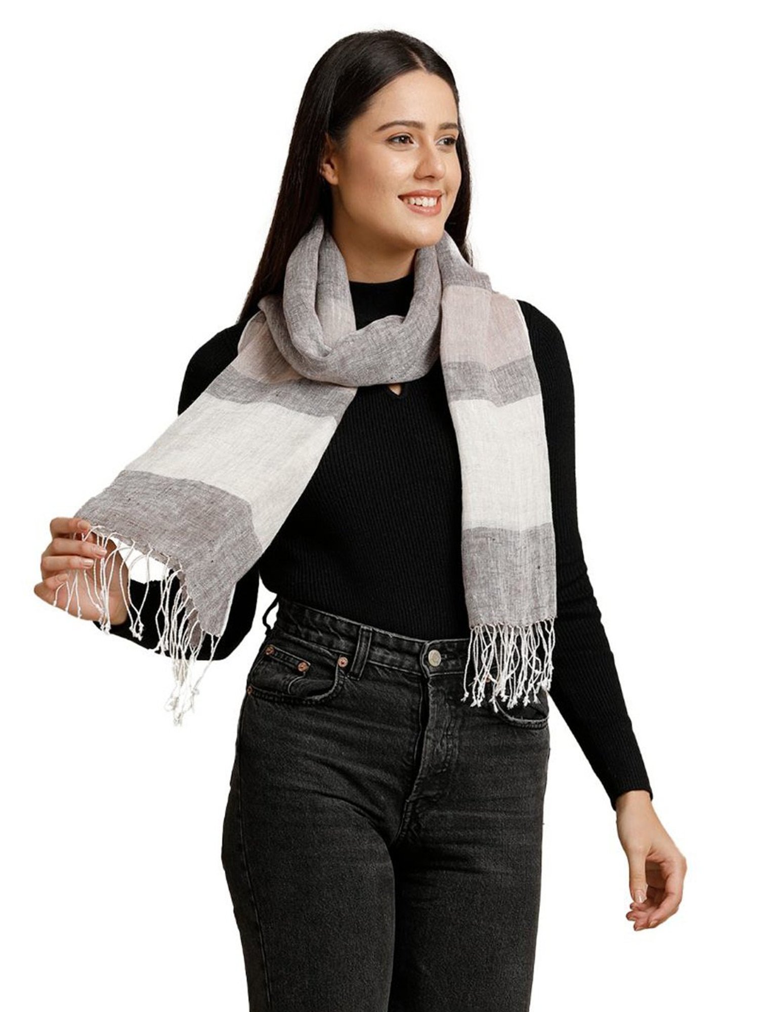 Linen Club Beige Striped Pure Linen Stole