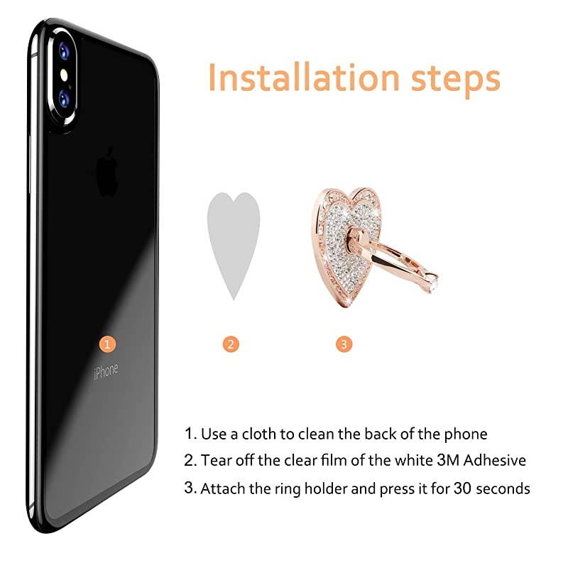 Cell Phone Finger Ring Holder with Blingy Crystals,  Heart Love Phone Ring Kickstand [Washable] [Removable], 360&deg;Rotation Zinc Alloy Ring Grip Stand for All Phones (Rose Gold)