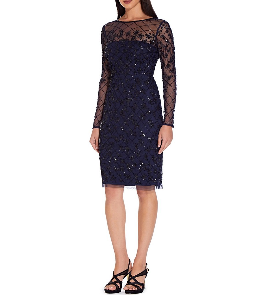 Adrianna Papell Round Neck Long Sleeve Beaded Sheath Dress
