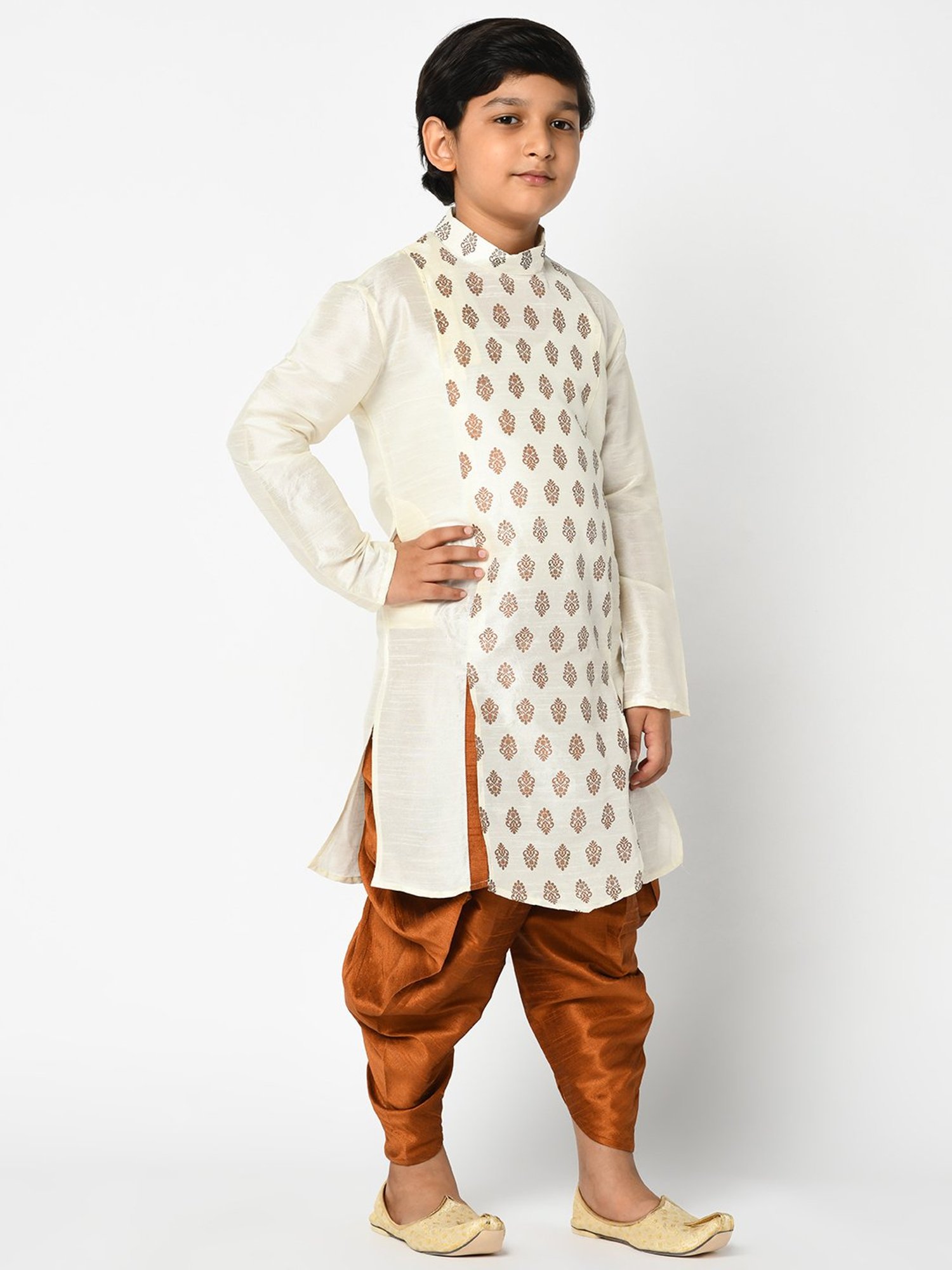 Deyann Kids Off White & Mustard Self Design Full Sleeves Kurta with Patiala