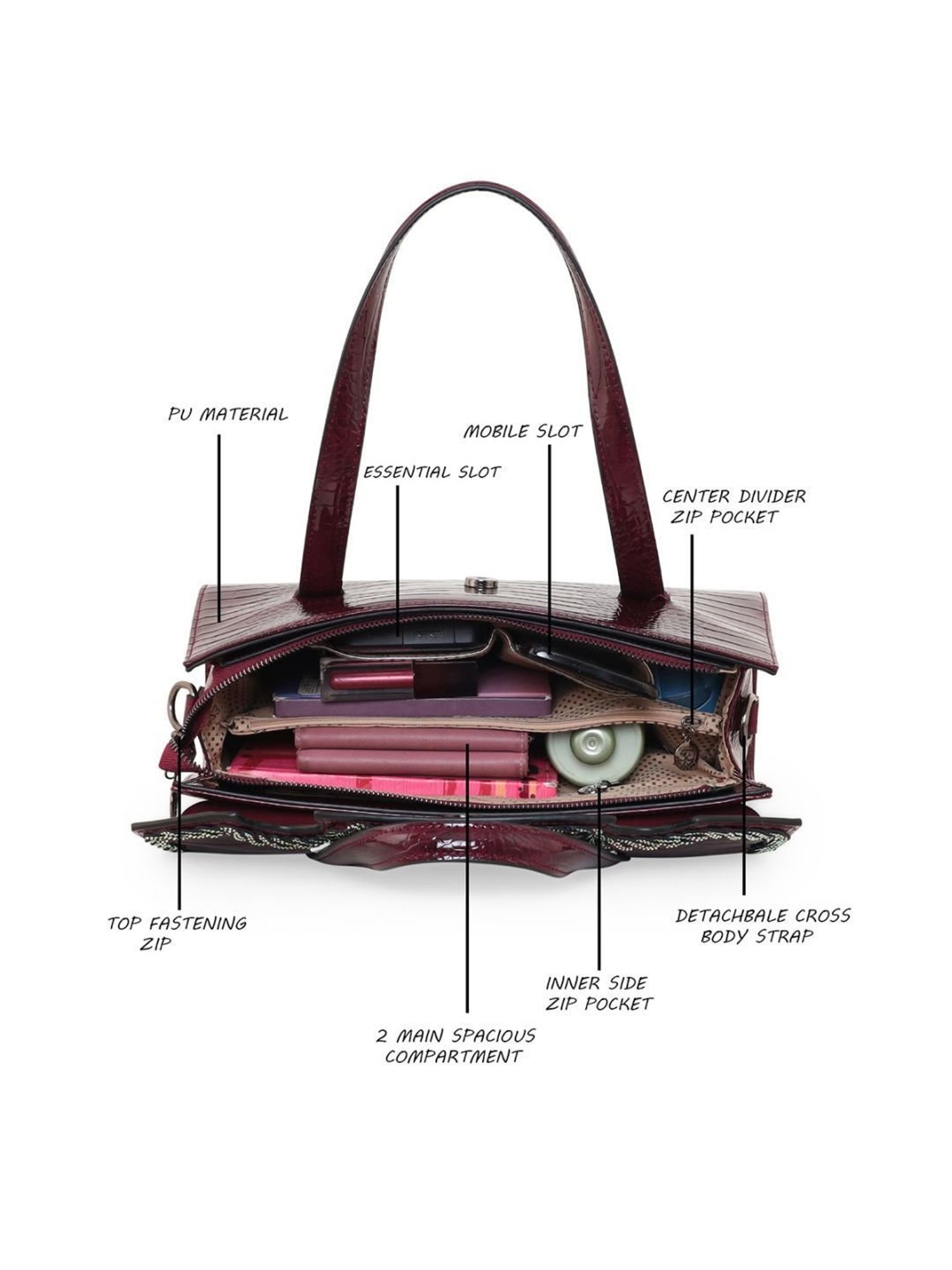 Esbeda Rectangular Maroon PU Textured Handbag